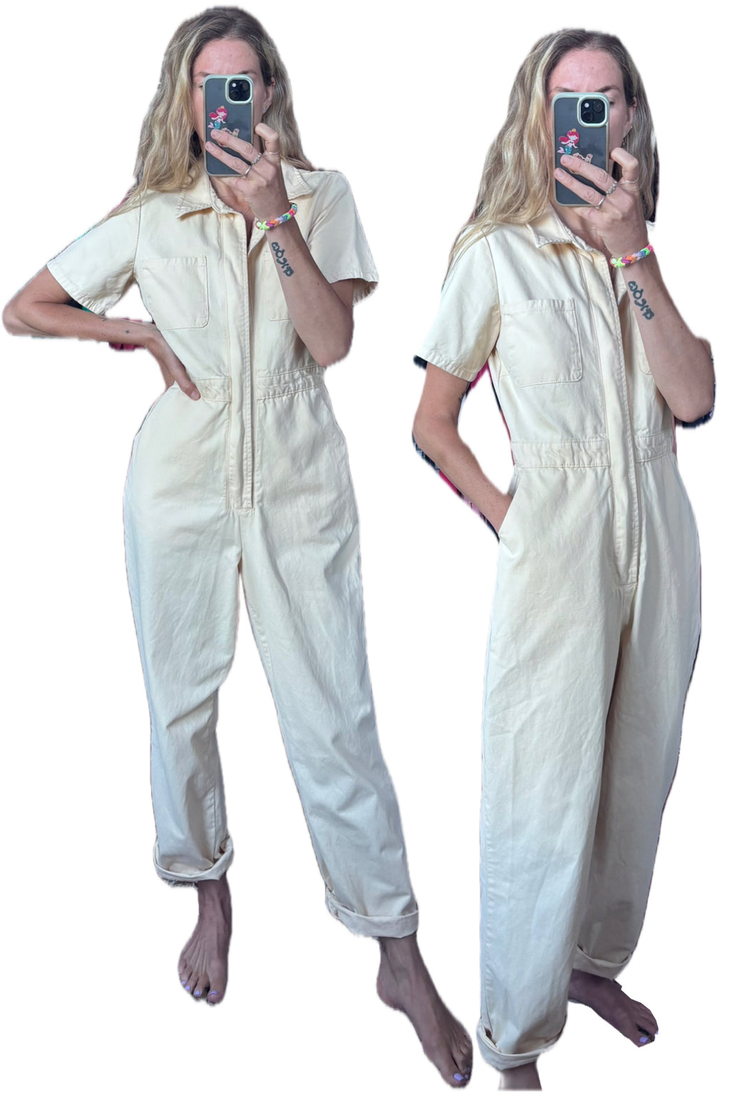 BDG 100% Cotton Cream Short Sleeve Utility Zip Up Workwear Jumpsuit