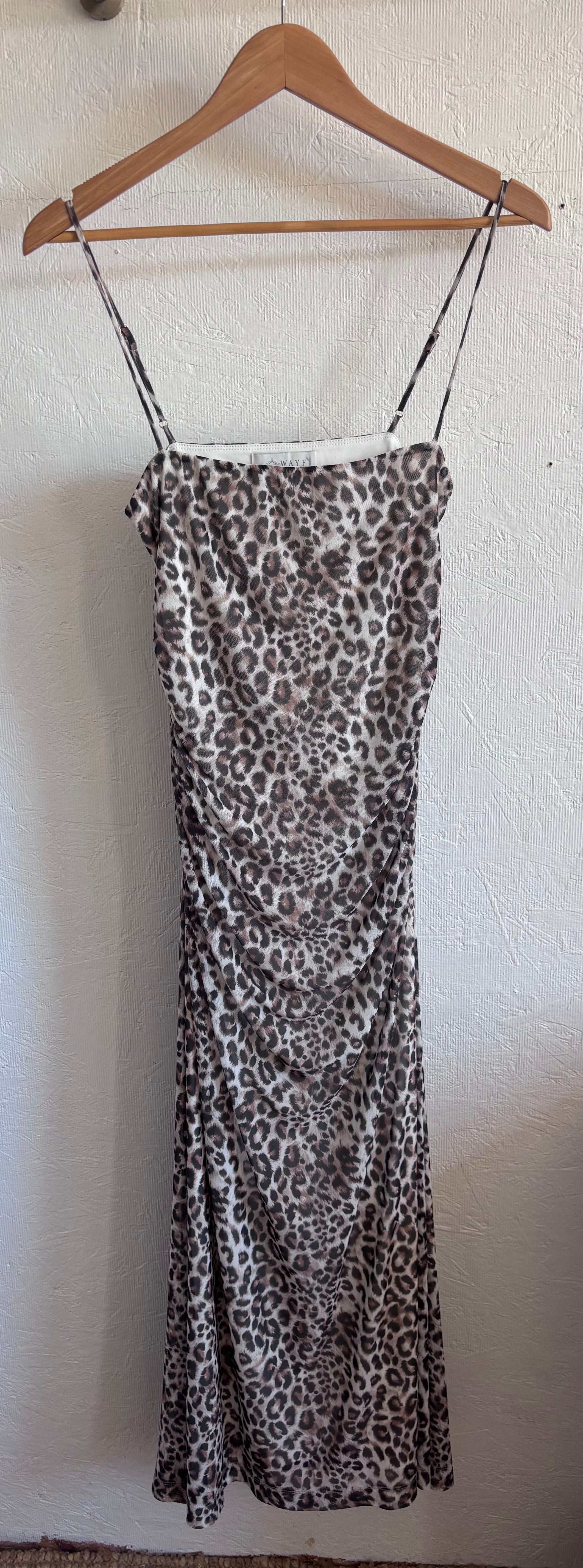 WAYF Leopard Print Ruched Adjustable Spaghetti Strap Maxi Dress Lined Mesh