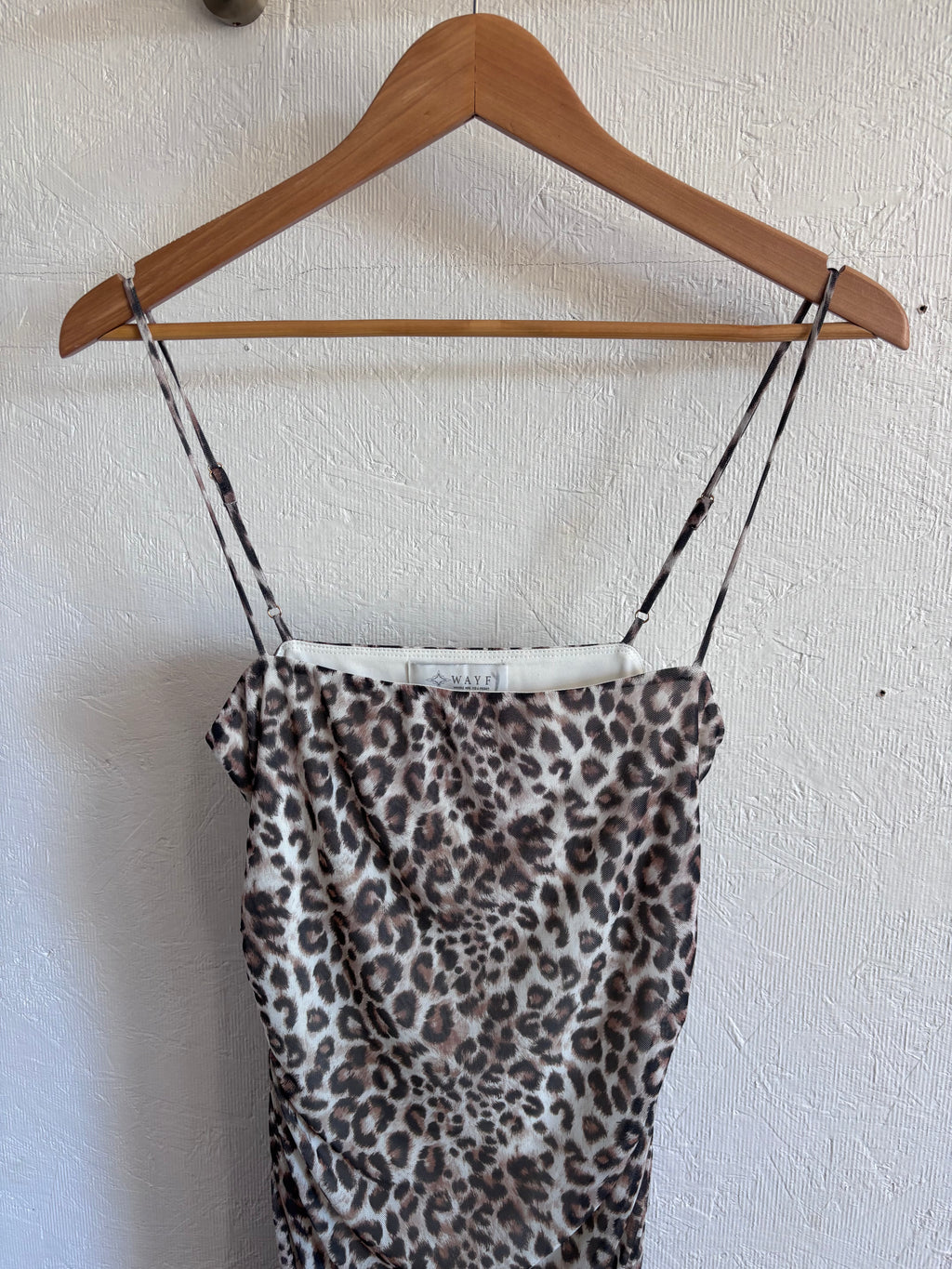 WAYF Leopard Print Ruched Adjustable Spaghetti Strap Maxi Dress Lined Mesh