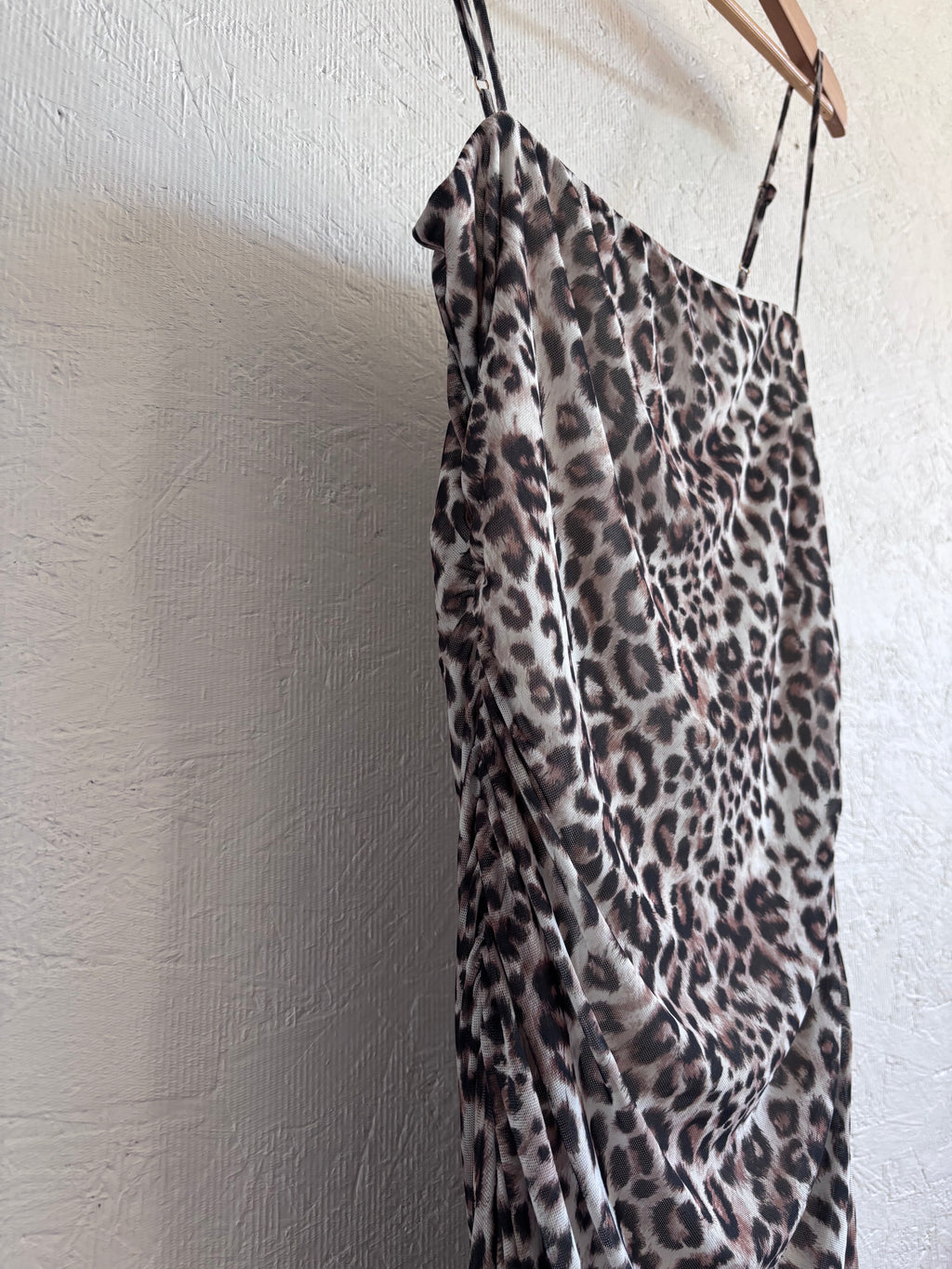 WAYF Leopard Print Ruched Adjustable Spaghetti Strap Maxi Dress Lined Mesh