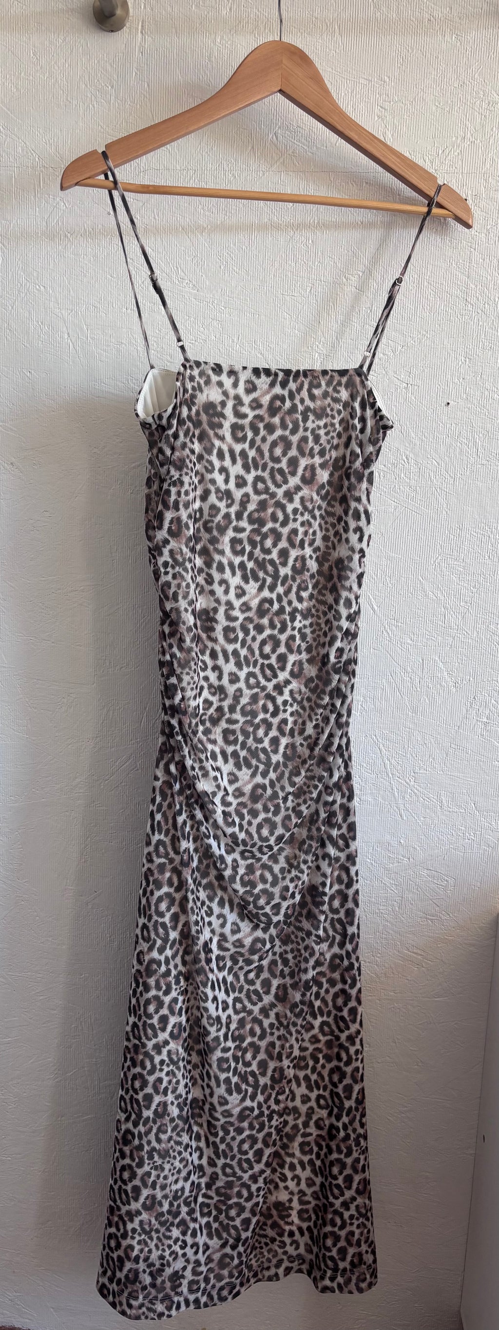 WAYF Leopard Print Ruched Adjustable Spaghetti Strap Maxi Dress Lined Mesh