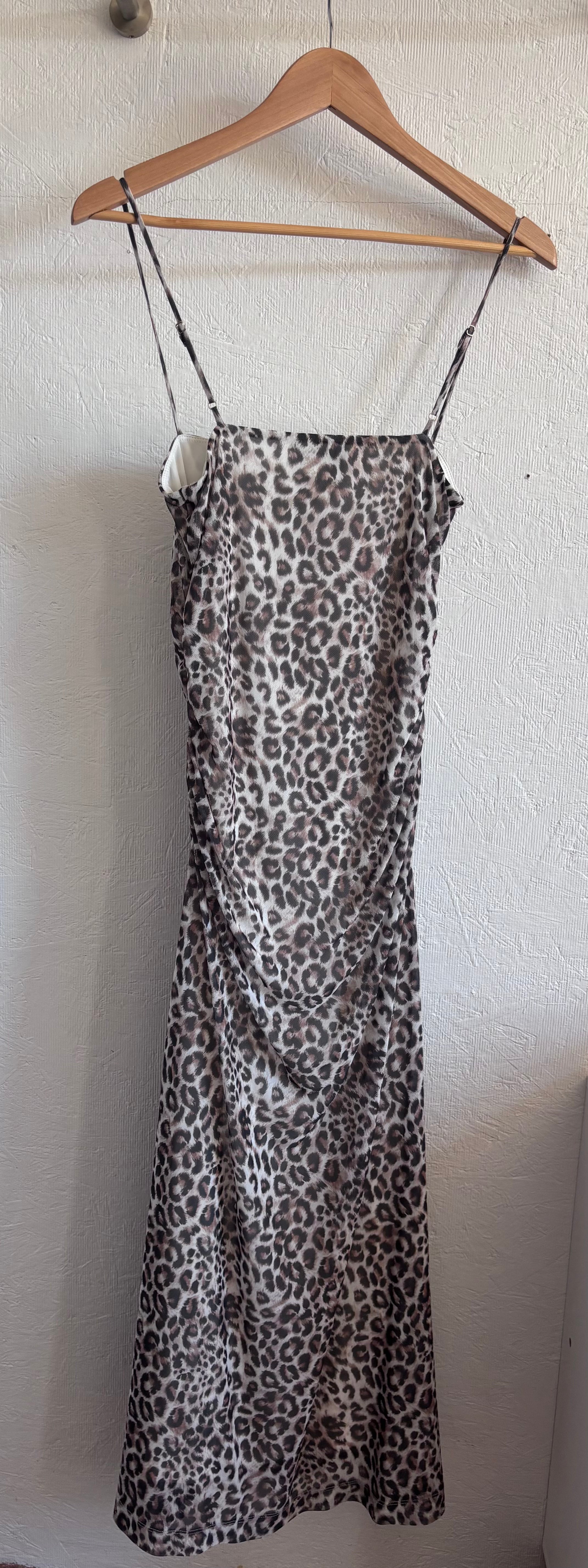 WAYF Leopard Print Ruched Adjustable Spaghetti Strap Maxi Dress Lined Mesh