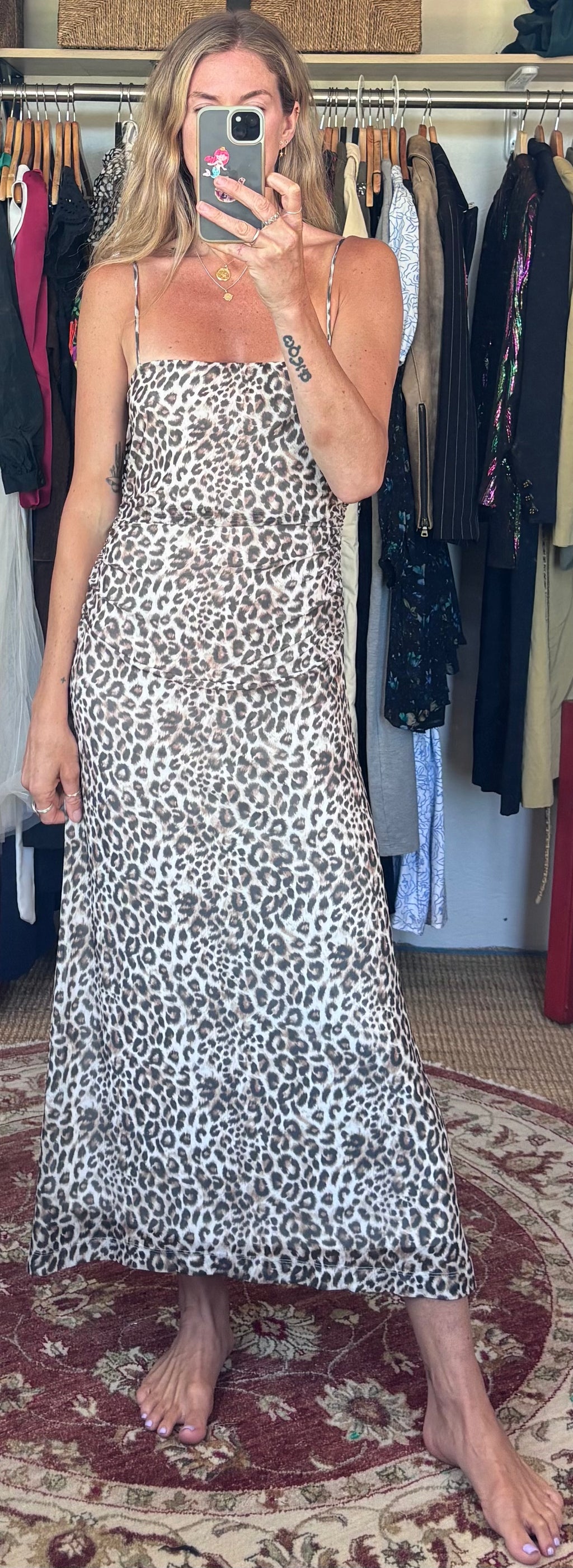 WAYF Leopard Print Ruched Adjustable Spaghetti Strap Maxi Dress Lined Mesh