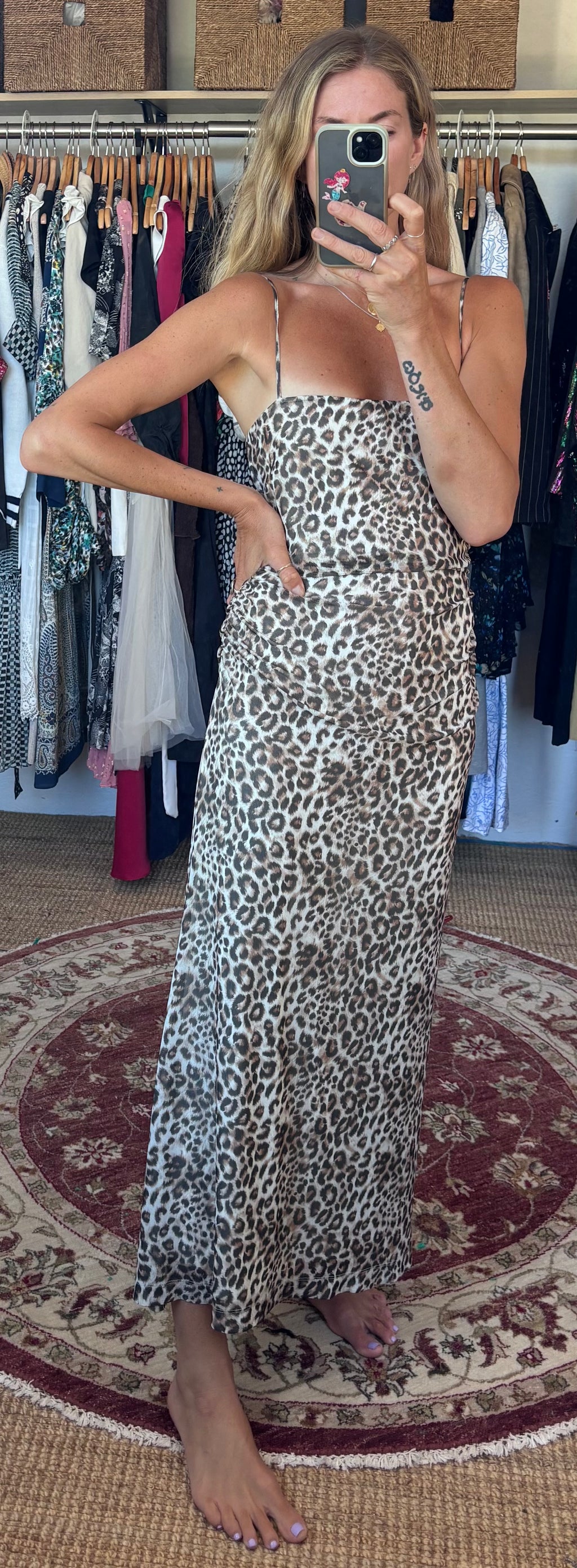 WAYF Leopard Print Ruched Adjustable Spaghetti Strap Maxi Dress Lined Mesh