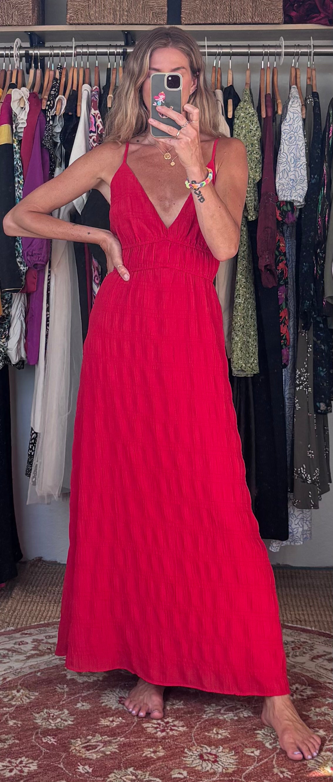 RW&CO Red V Neck Textured Spaghetti Strap Lightweight Maxi Dress