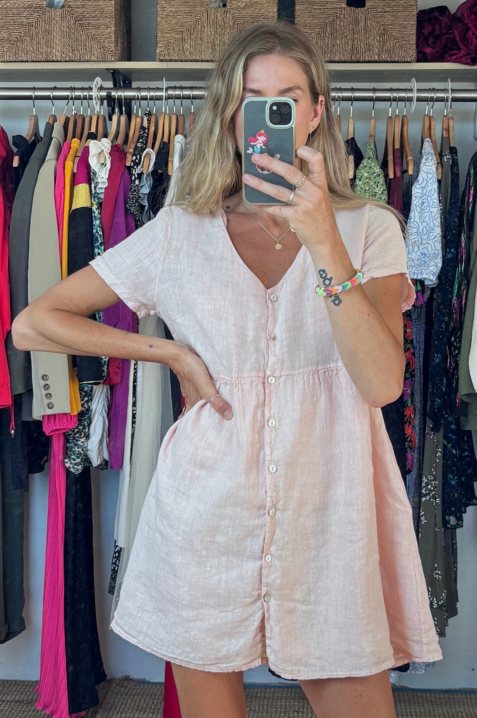 Jillian Harris x PRIV Dusty Light Pink Linen Button Down Oversized Lightweight Minimalist Mini Shirt Dress with Pockets
