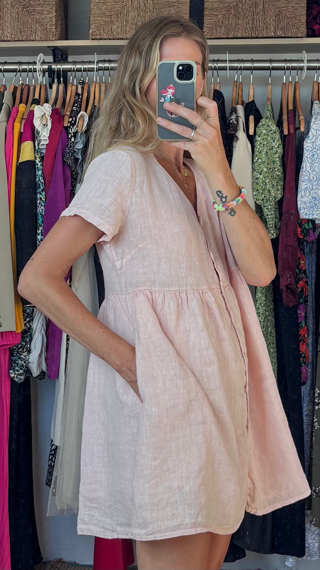 Jillian Harris x PRIV Dusty Light Pink Linen Button Down Oversized Lightweight Minimalist Mini Shirt Dress with Pockets