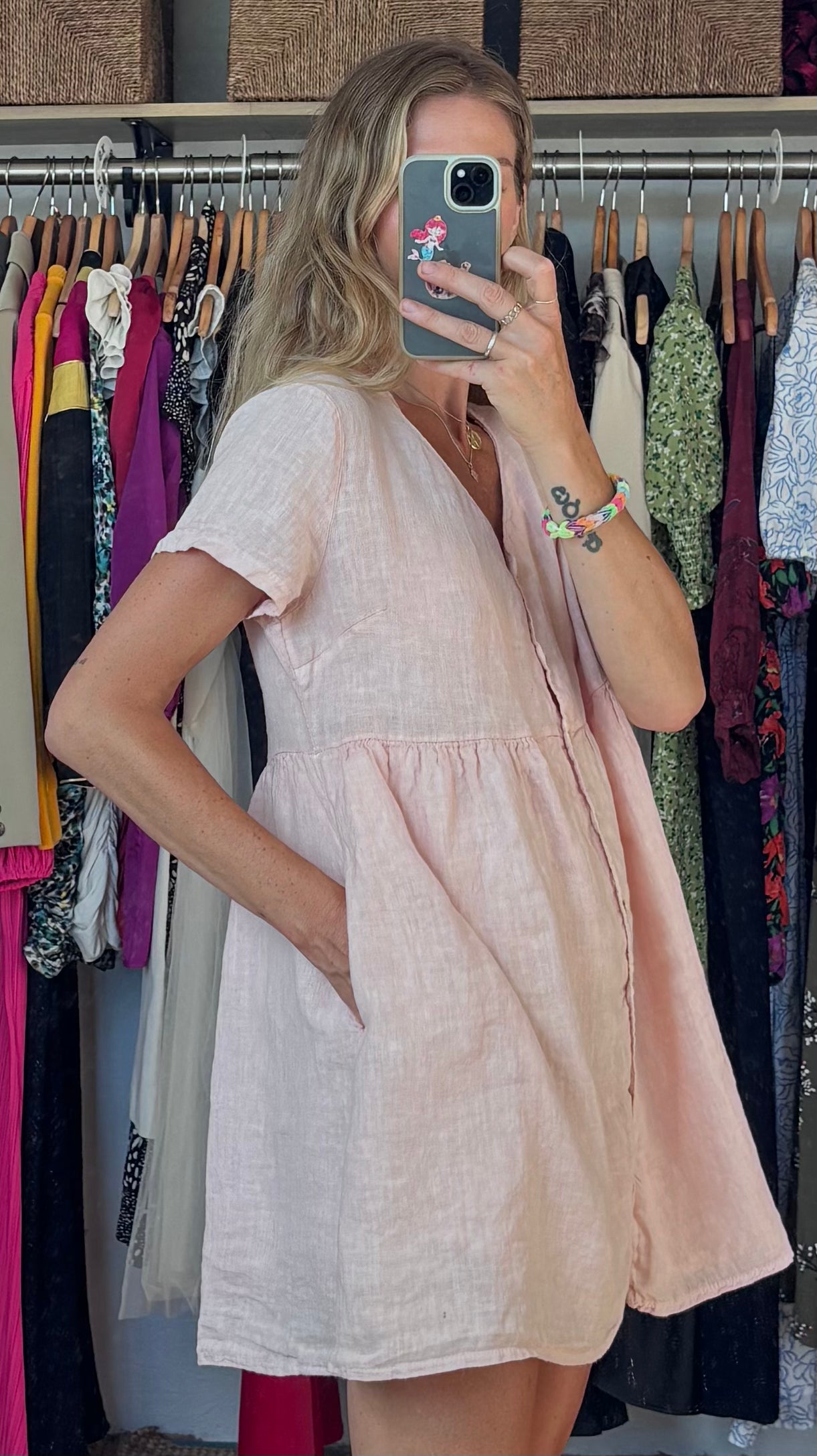 Jillian Harris x PRIV Dusty Light Pink Linen Button Down Oversized Lightweight Minimalist Mini Shirt Dress with Pockets