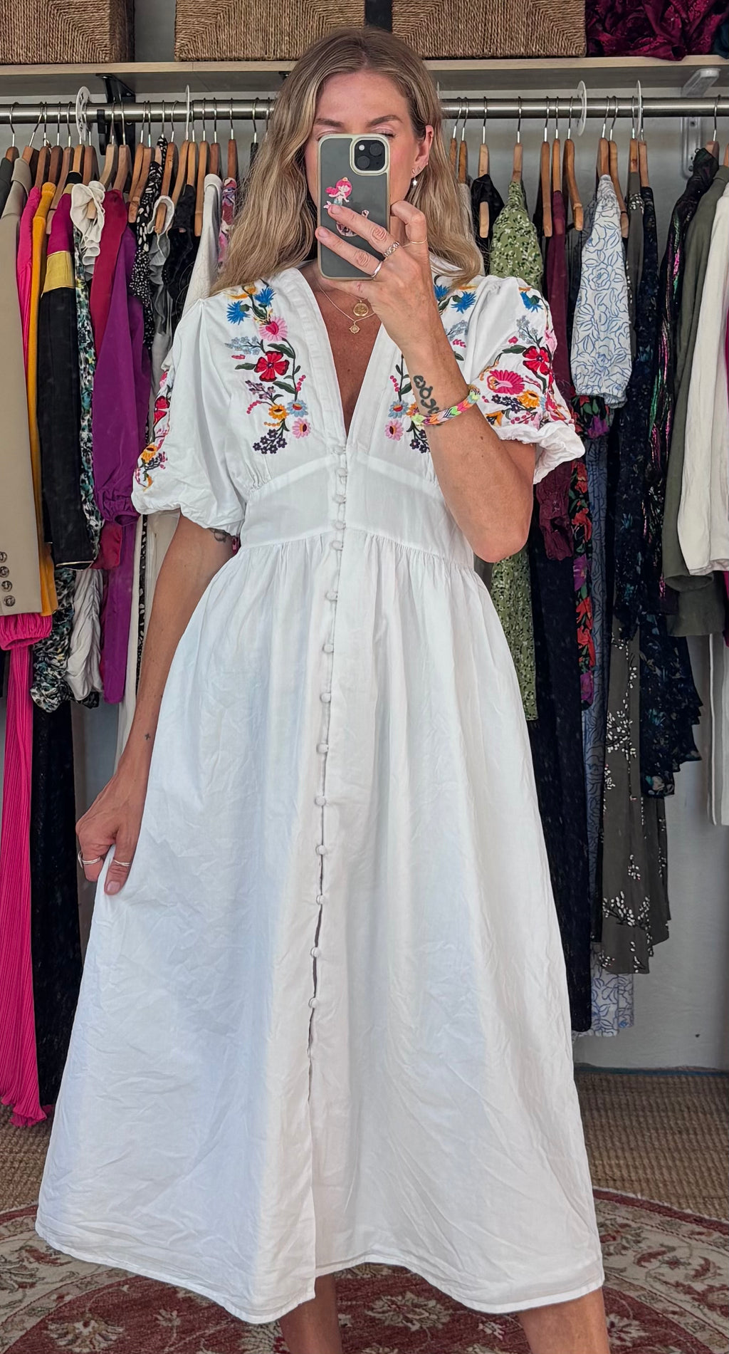 Nobody’s Child 100% Cotton Boho White V Neck Button Down Puff Sleeve Floral Embroidered Midi Dress