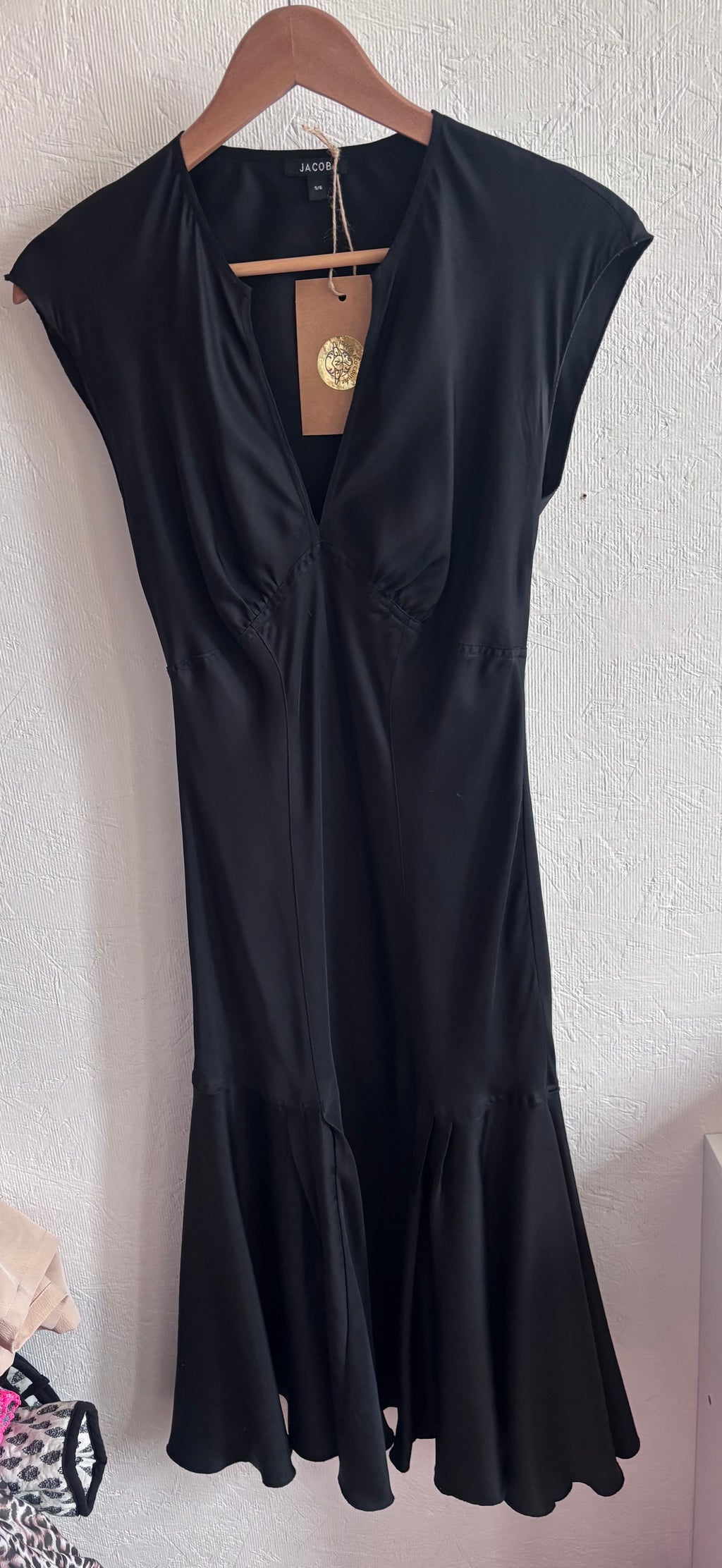 Vintage Jacob 100% Silk Classic Timeless Elegant Black V Neck Fishtail Midi Dress
