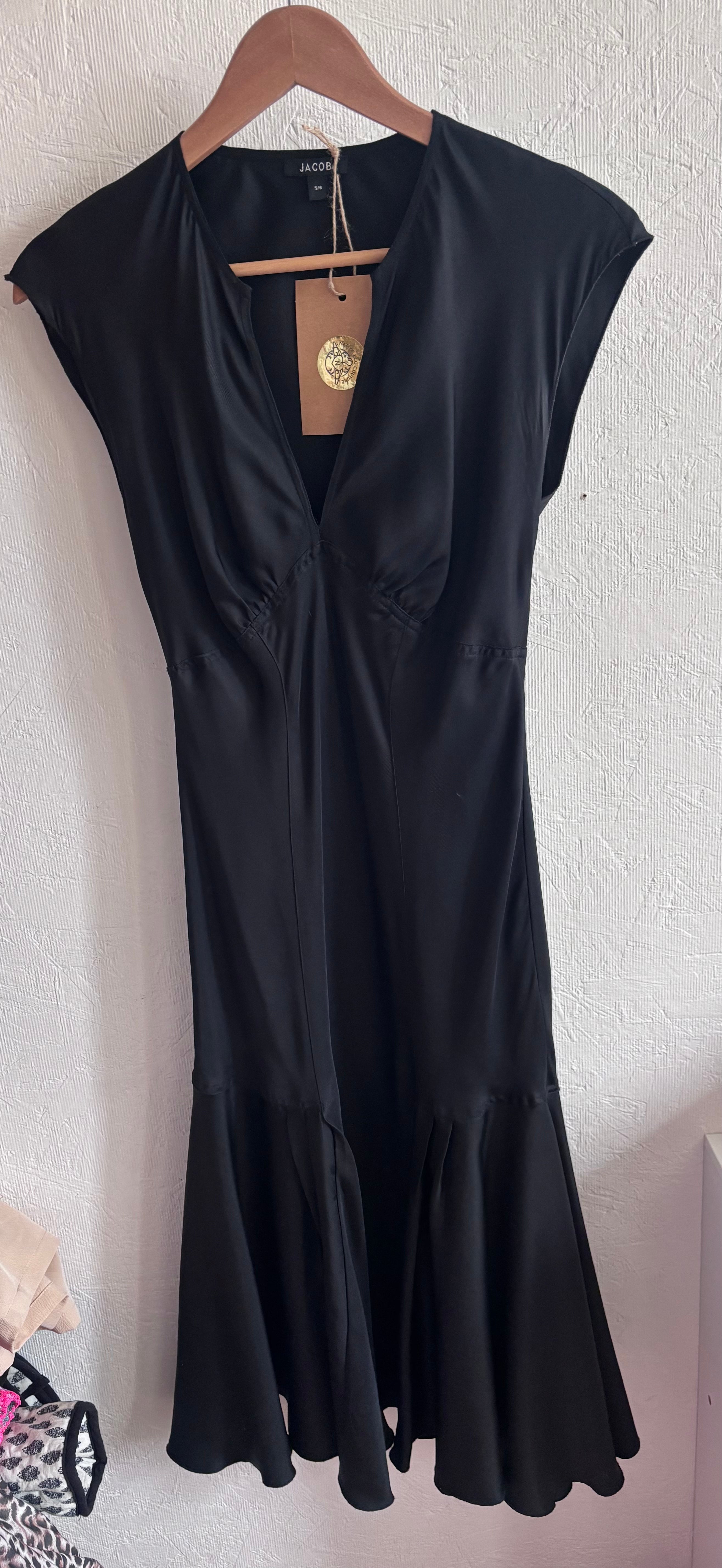 Vintage Jacob 100% Silk Classic Timeless Elegant Black V Neck Fishtail Midi Dress