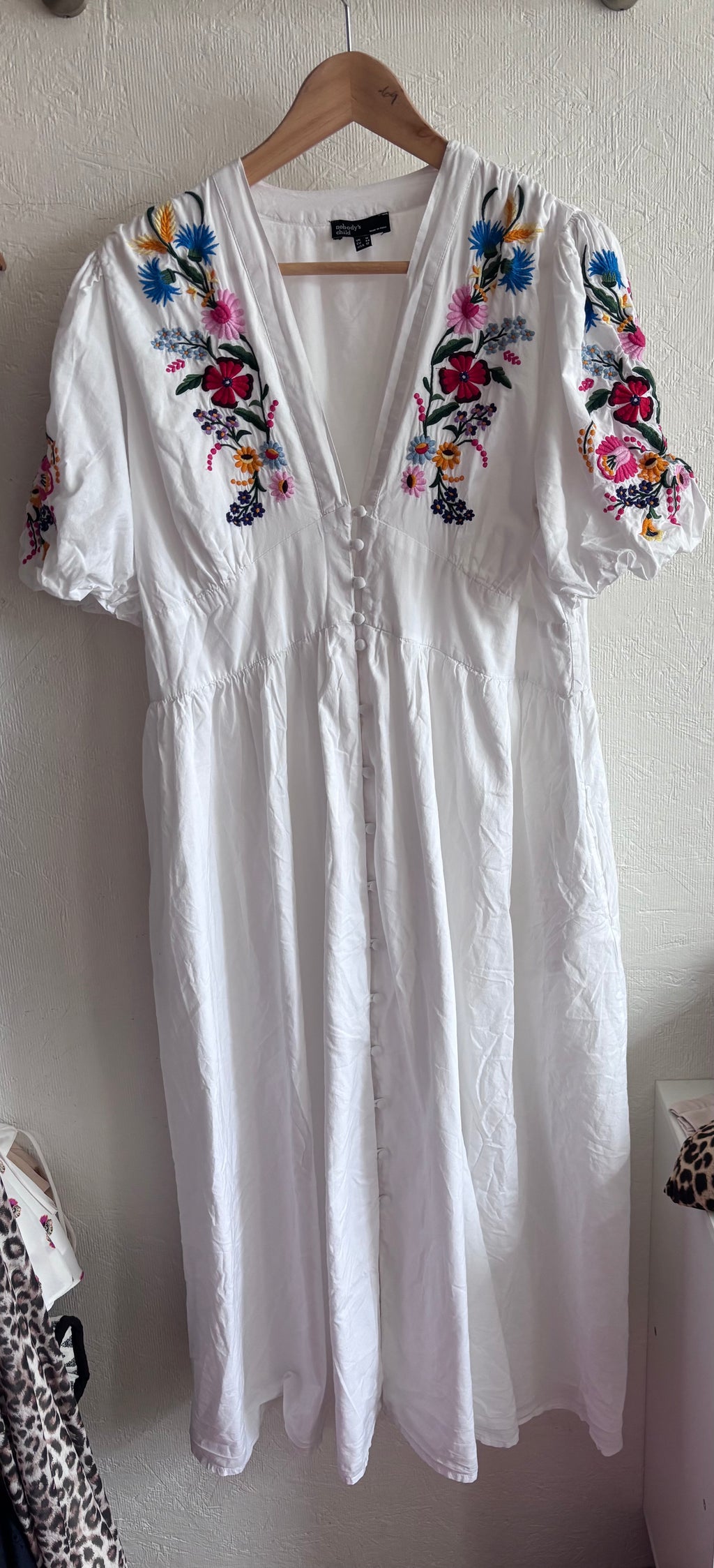 Nobody’s Child 100% Cotton Boho White V Neck Button Down Puff Sleeve Floral Embroidered Midi Dress