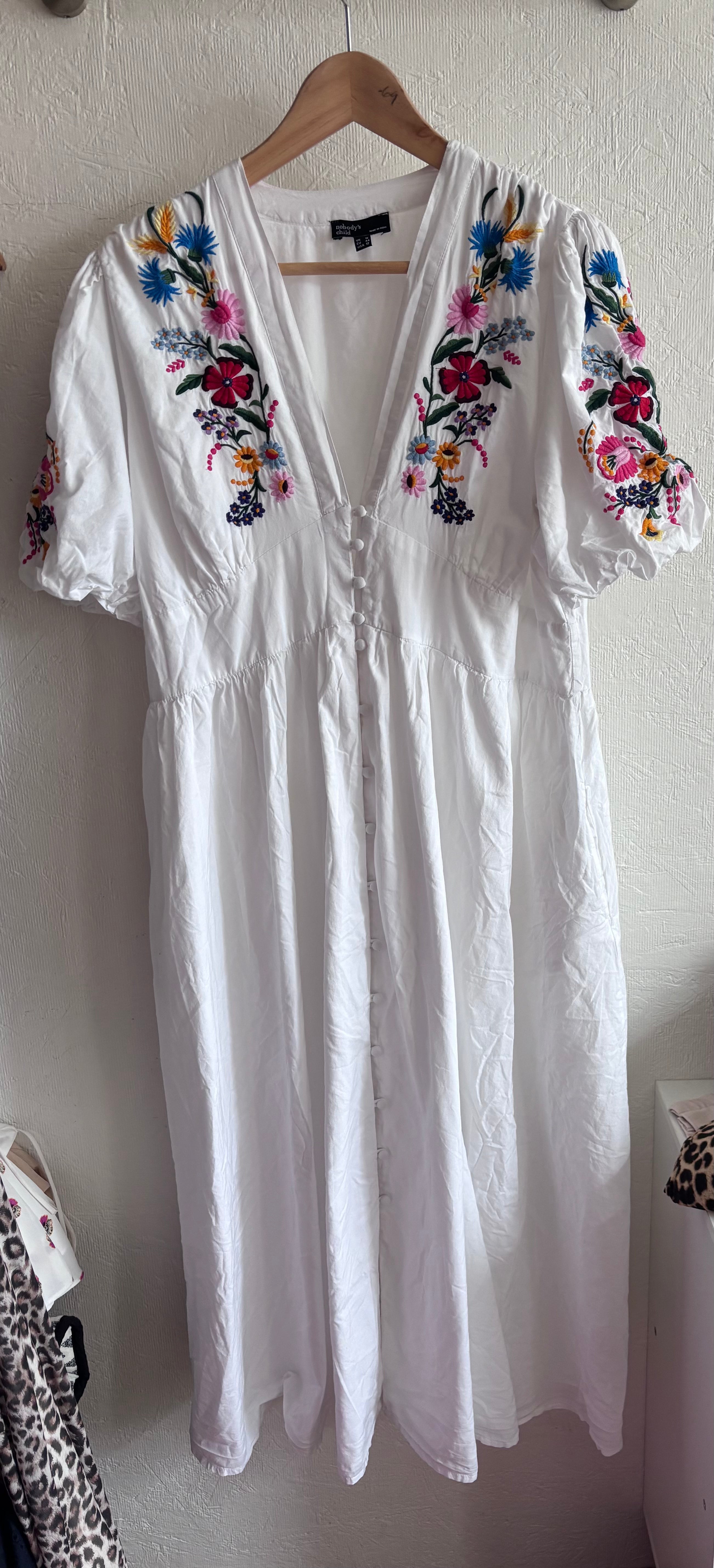 Nobody’s Child 100% Cotton Boho White V Neck Button Down Puff Sleeve Floral Embroidered Midi Dress