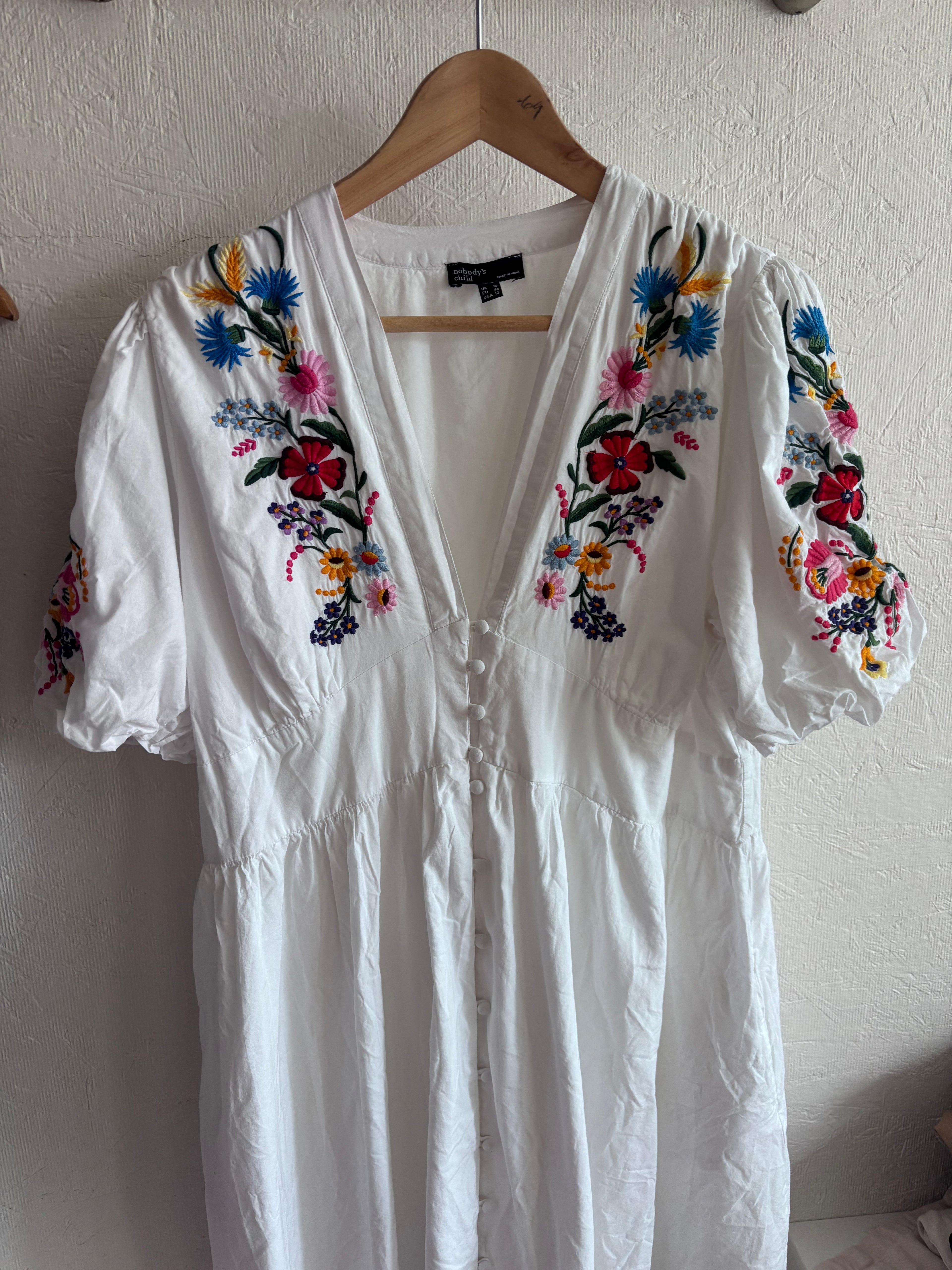 Nobody’s Child 100% Cotton Boho White V Neck Button Down Puff Sleeve Floral Embroidered Midi Dress