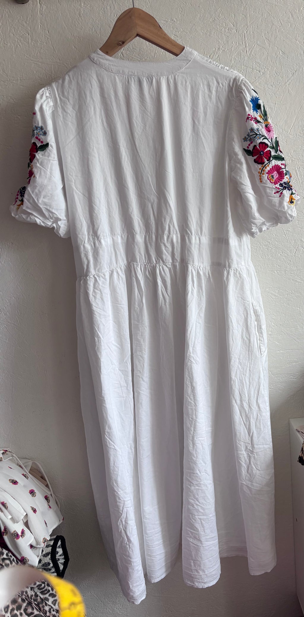 Nobody’s Child 100% Cotton Boho White V Neck Button Down Puff Sleeve Floral Embroidered Midi Dress
