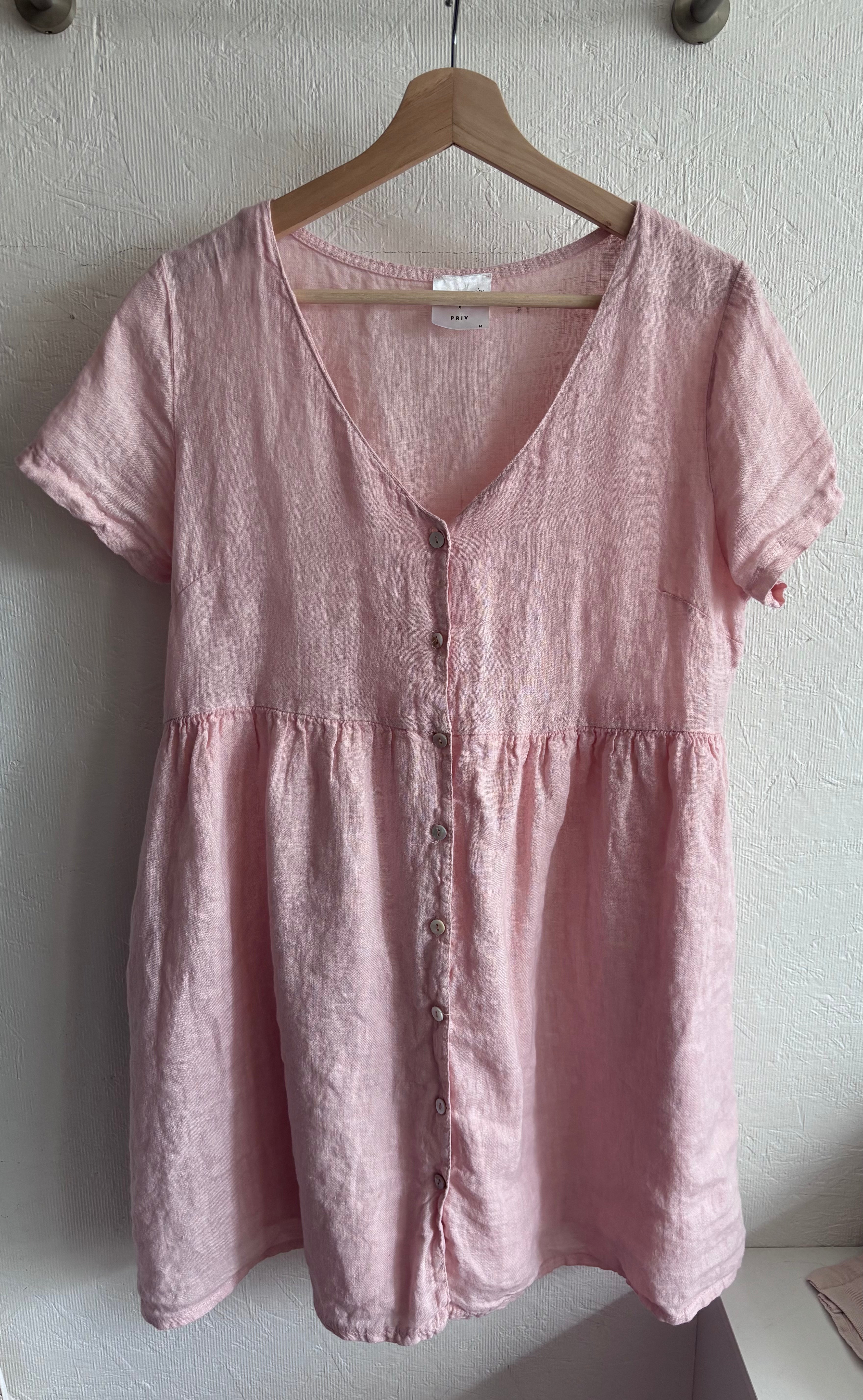 Jillian Harris x PRIV Dusty Light Pink Linen Button Down Oversized Lightweight Minimalist Mini Shirt Dress with Pockets
