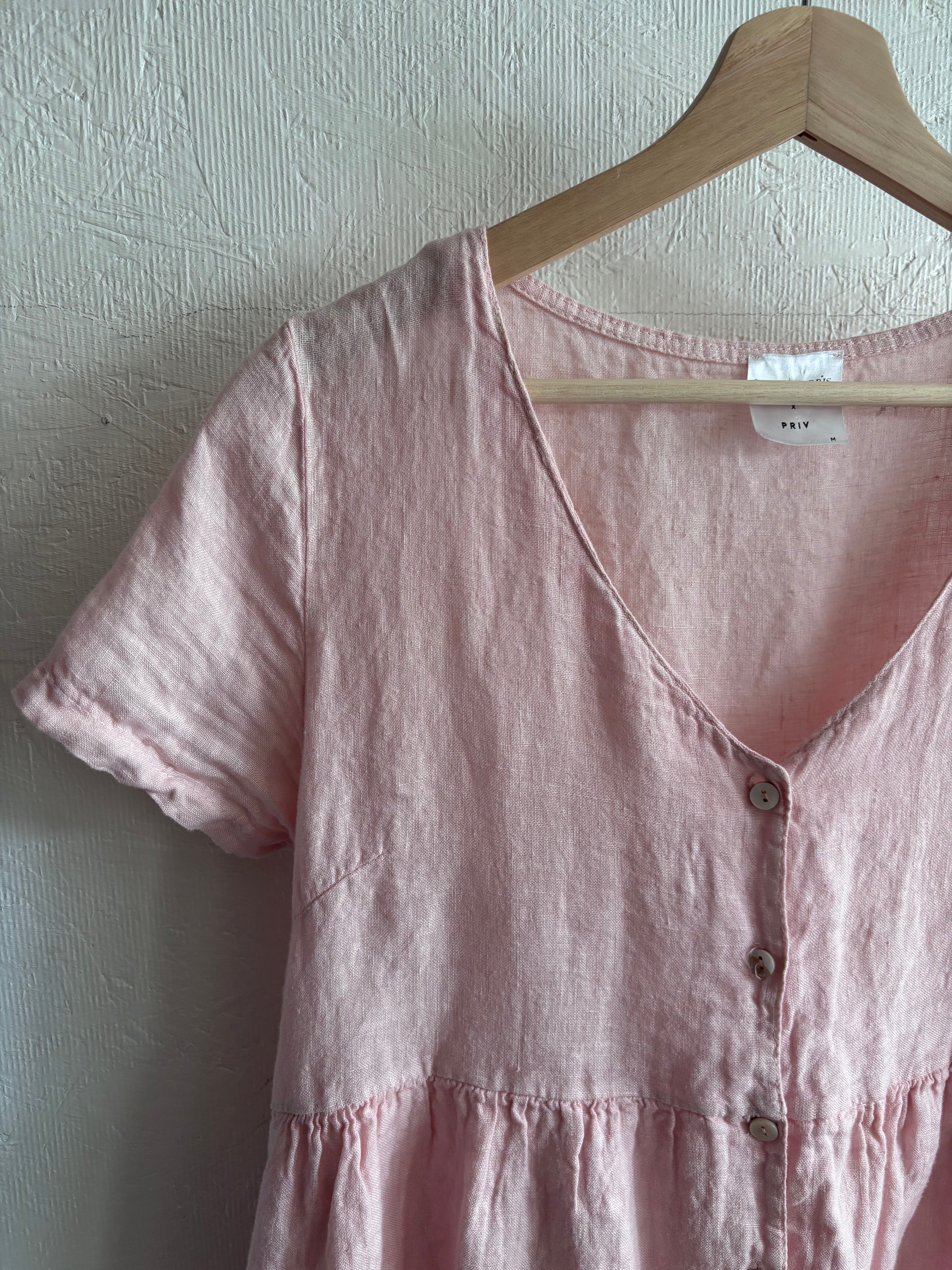 Jillian Harris x PRIV Dusty Light Pink Linen Button Down Oversized Lightweight Minimalist Mini Shirt Dress with Pockets