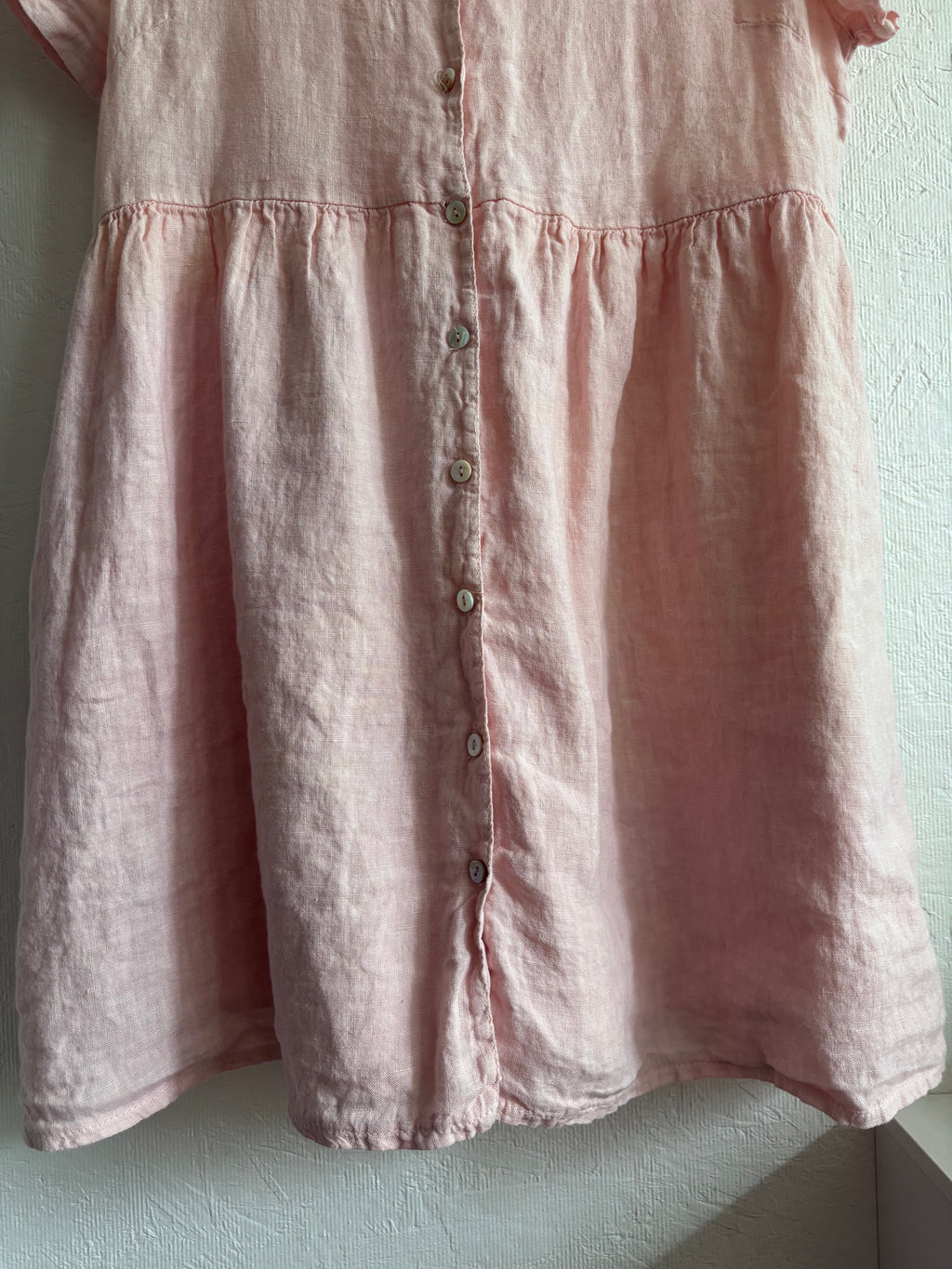 Jillian Harris x PRIV Dusty Light Pink Linen Button Down Oversized Lightweight Minimalist Mini Shirt Dress with Pockets