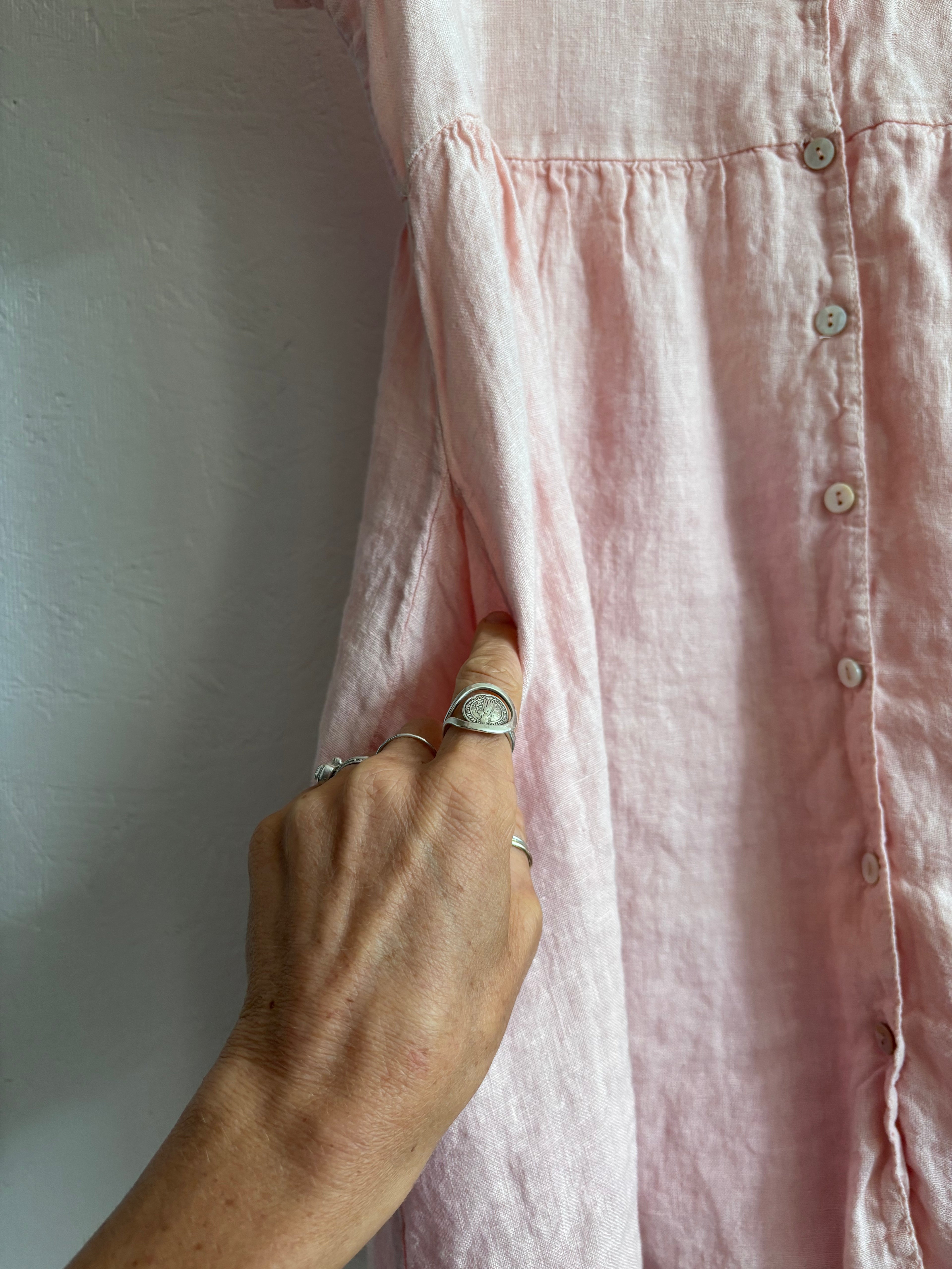 Jillian Harris x PRIV Dusty Light Pink Linen Button Down Oversized Lightweight Minimalist Mini Shirt Dress with Pockets