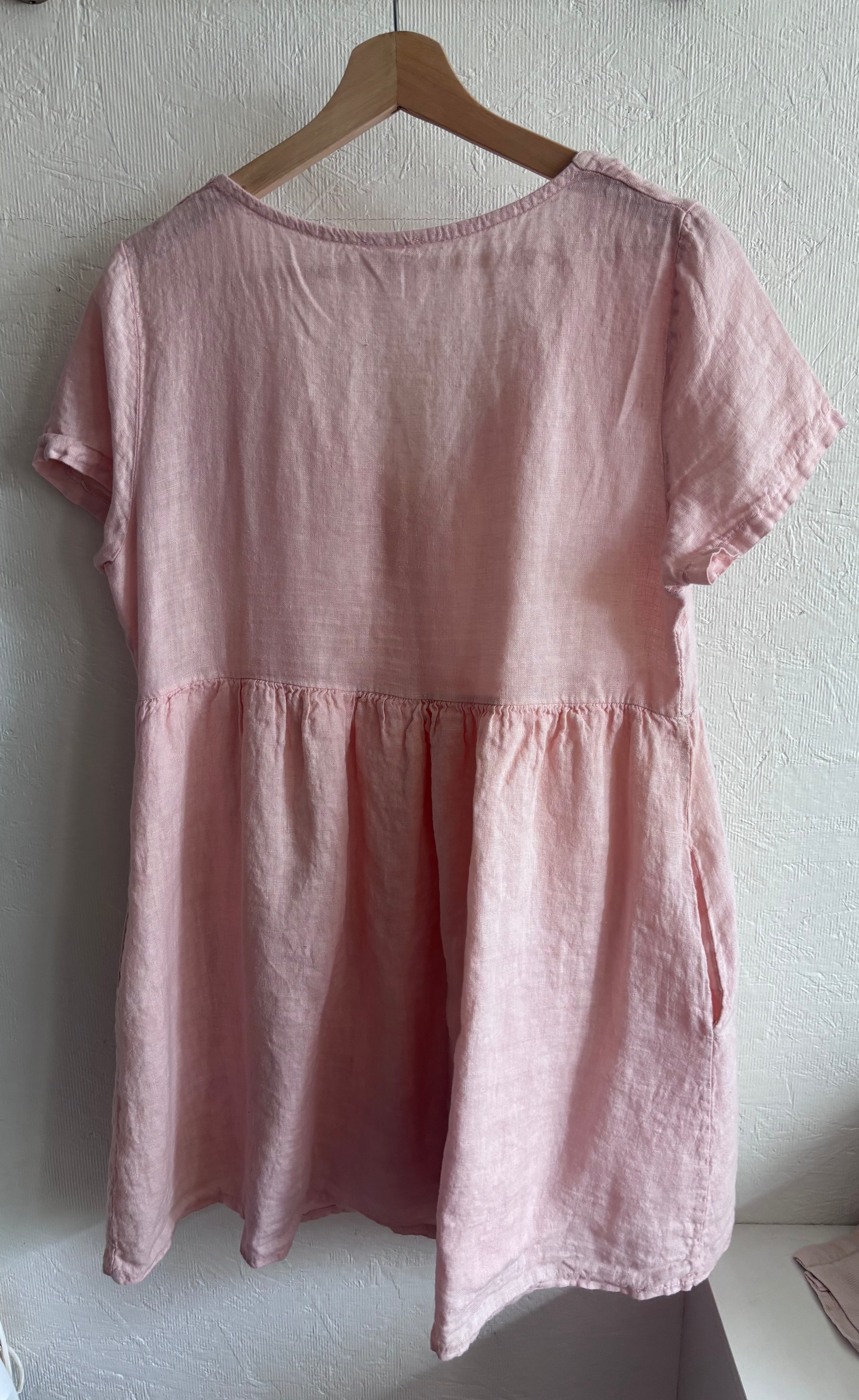 Jillian Harris x PRIV Dusty Light Pink Linen Button Down Oversized Lightweight Minimalist Mini Shirt Dress with Pockets