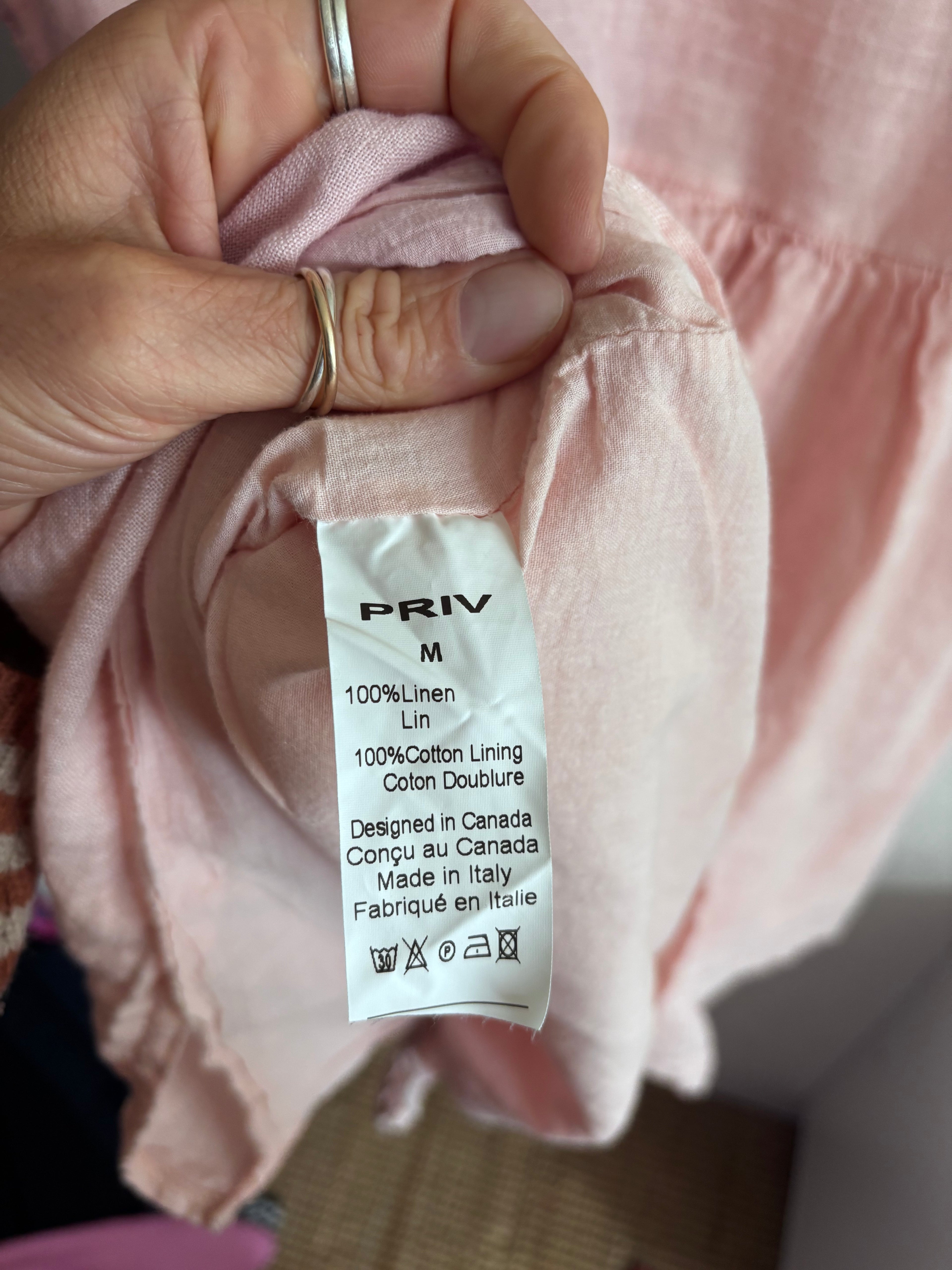 Jillian Harris x PRIV Dusty Light Pink Linen Button Down Oversized Lightweight Minimalist Mini Shirt Dress with Pockets