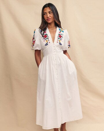 Nobody’s Child 100% Cotton Boho White V Neck Button Down Puff Sleeve Floral Embroidered Midi Dress