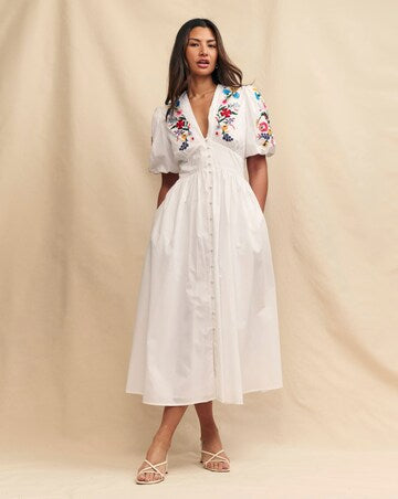 Nobody’s Child 100% Cotton Boho White V Neck Button Down Puff Sleeve Floral Embroidered Midi Dress