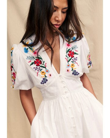 Nobody’s Child 100% Cotton Boho White V Neck Button Down Puff Sleeve Floral Embroidered Midi Dress