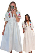 Nobody’s Child 100% Cotton Boho White V Neck Button Down Puff Sleeve Floral Embroidered Midi Dress