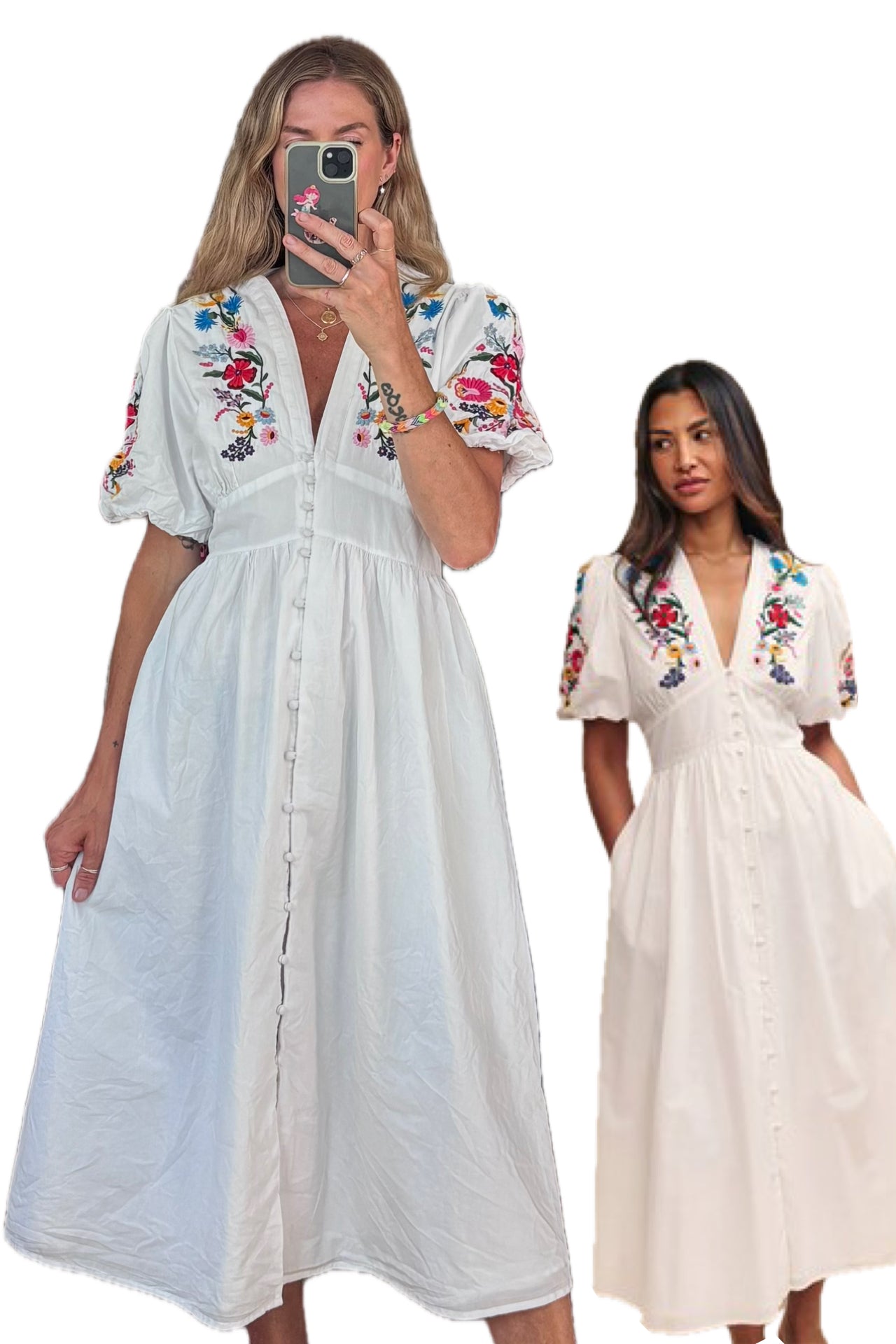 Nobody’s Child 100% Cotton Boho White V Neck Button Down Puff Sleeve Floral Embroidered Midi Dress