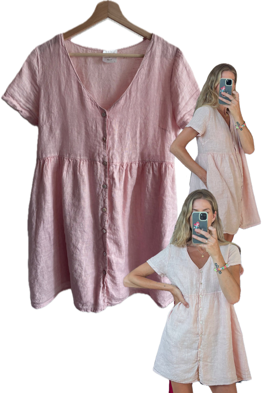 Jillian Harris x PRIV Dusty Light Pink Linen Button Down Oversized Lightweight Minimalist Mini Shirt Dress with Pockets