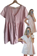 Jillian Harris x PRIV Dusty Light Pink Linen Button Down Oversized Lightweight Minimalist Mini Shirt Dress with Pockets