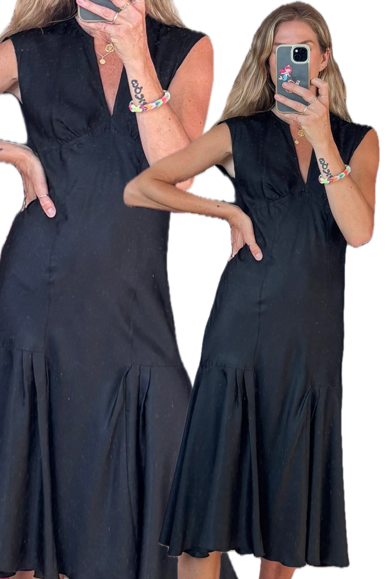 Vintage Jacob 100% Silk Classic Timeless Elegant Black V Neck Fishtail Midi Dress