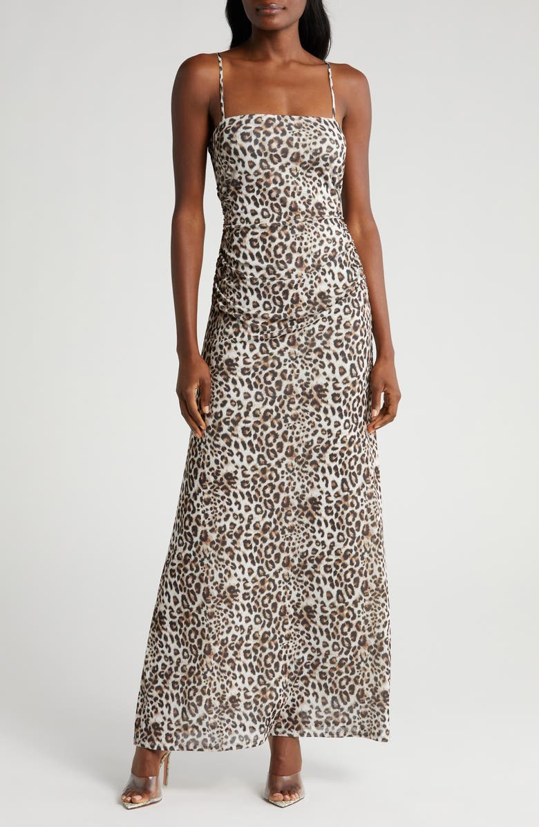 WAYF Leopard Print Ruched Adjustable Spaghetti Strap Maxi Dress Lined Mesh