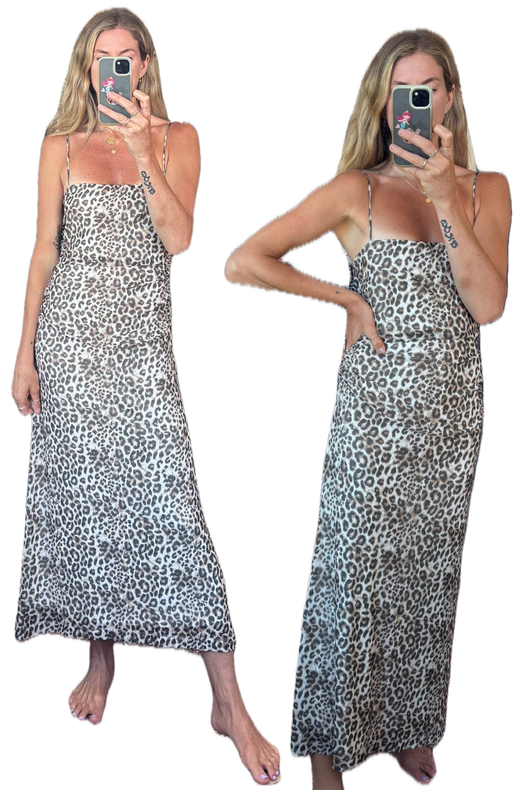 WAYF Leopard Print Ruched Adjustable Spaghetti Strap Maxi Dress Lined Mesh