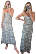 WAYF Leopard Print Ruched Adjustable Spaghetti Strap Maxi Dress Lined Mesh