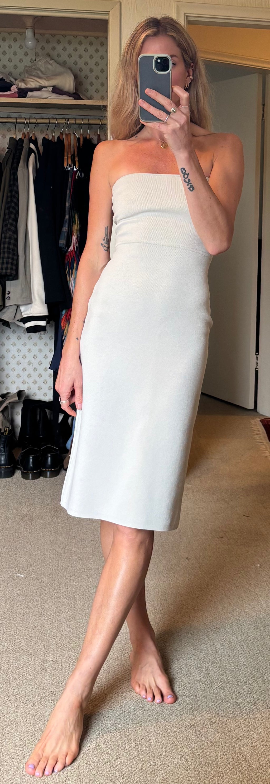 Babaton Aritzia Platform Sculpt Knit Bodycon Cream Bardot Midi Dress