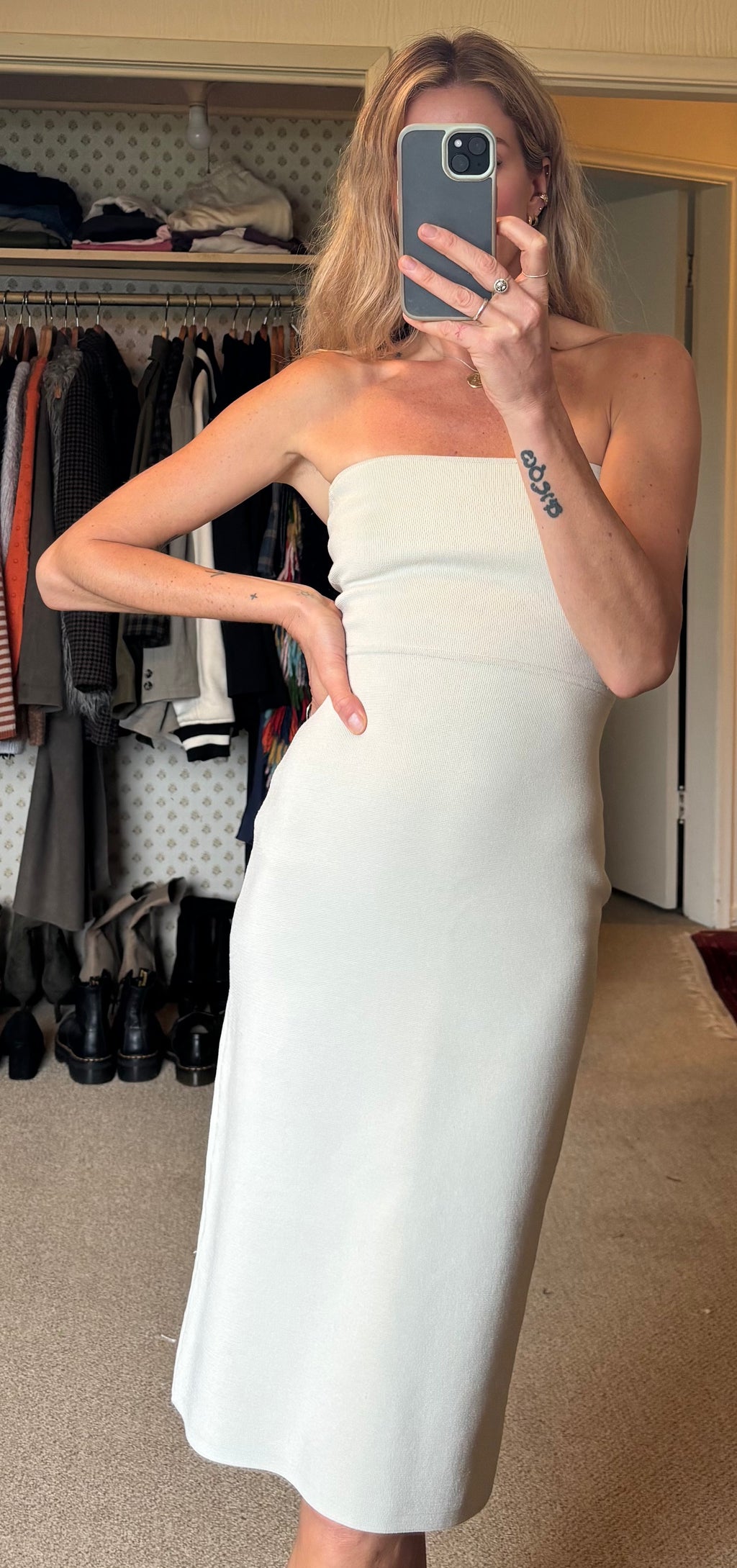 Babaton Aritzia Platform Sculpt Knit Bodycon Cream Bardot Midi Dress