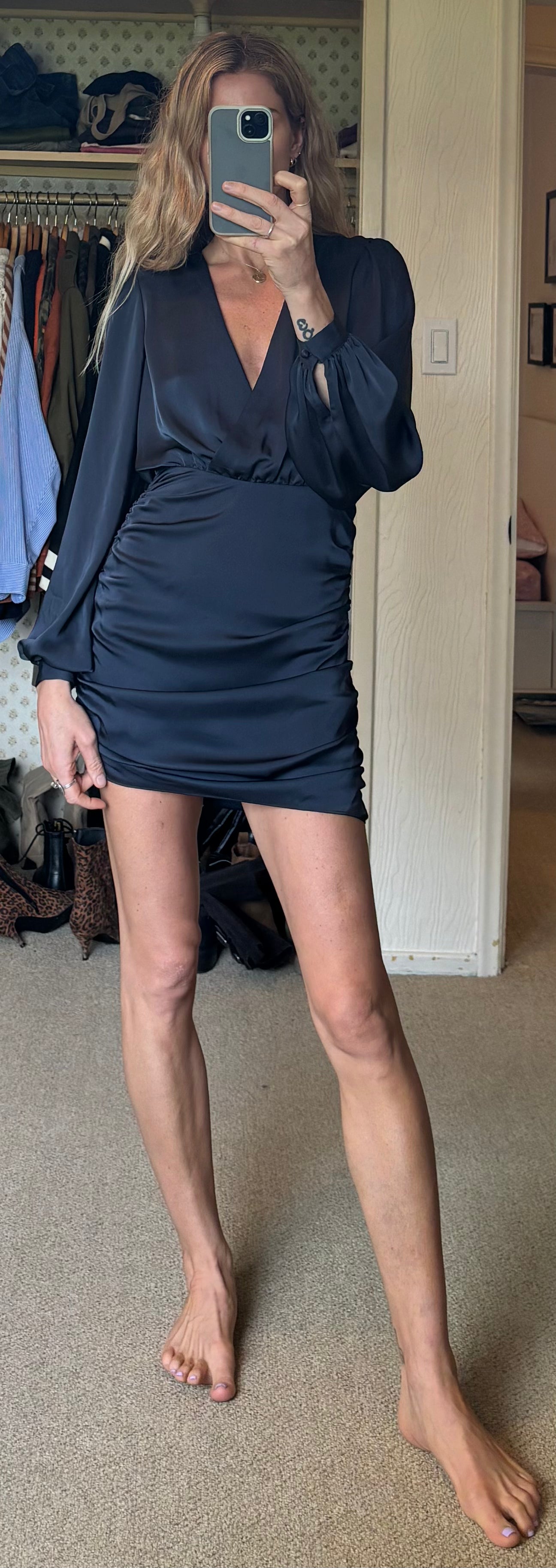 Ramy Brook Foxy Satin Navy Blue Ruched Long Sleeve V Neck Side Zip Mini Dress