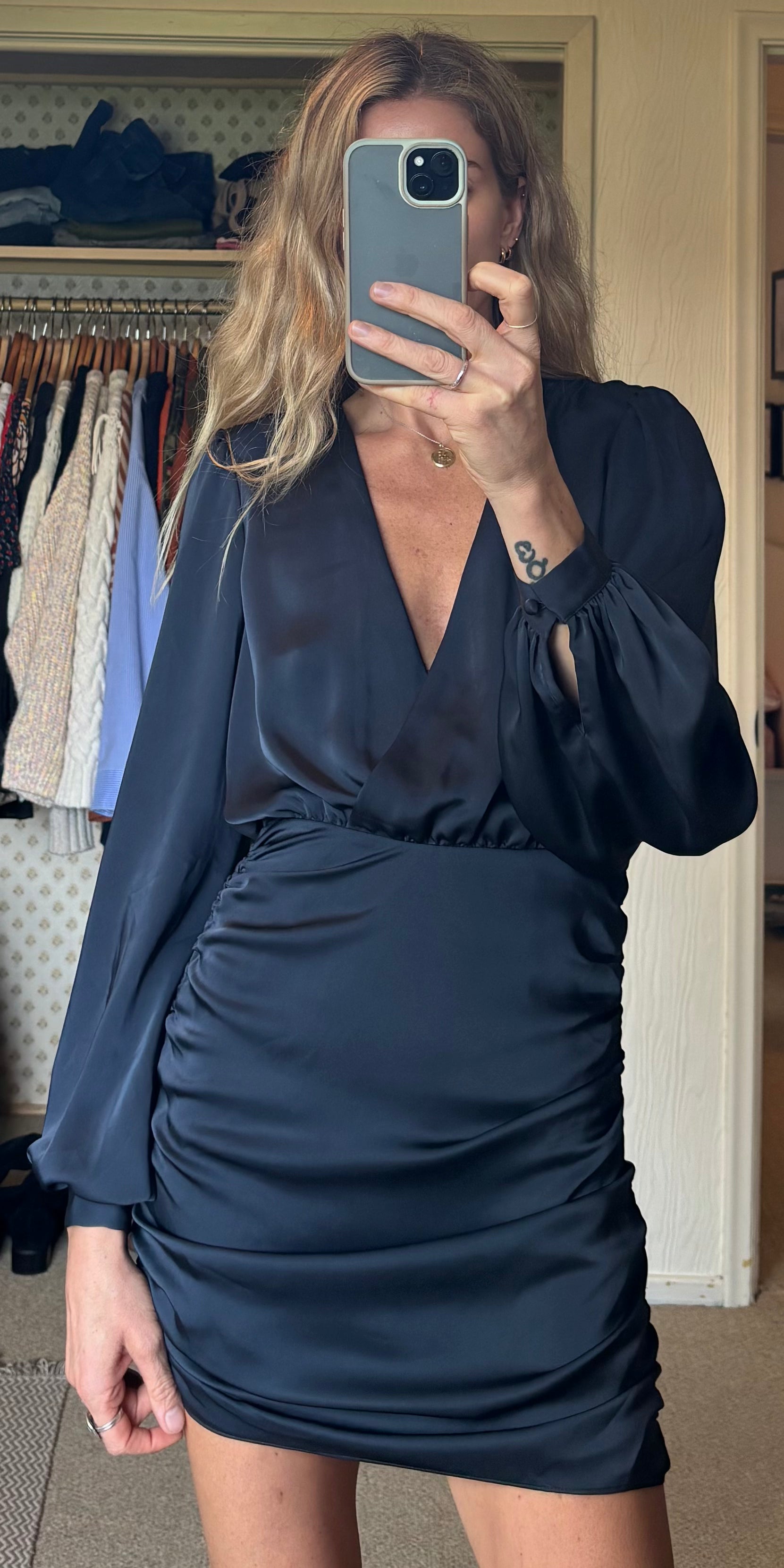 Ramy Brook Foxy Satin Navy Blue Ruched Long Sleeve V Neck Side Zip Mini Dress