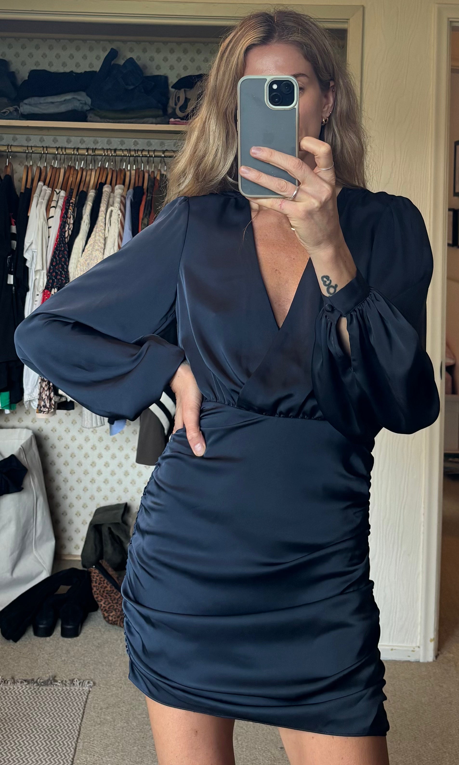 Ramy Brook Foxy Satin Navy Blue Ruched Long Sleeve V Neck Side Zip Mini Dress