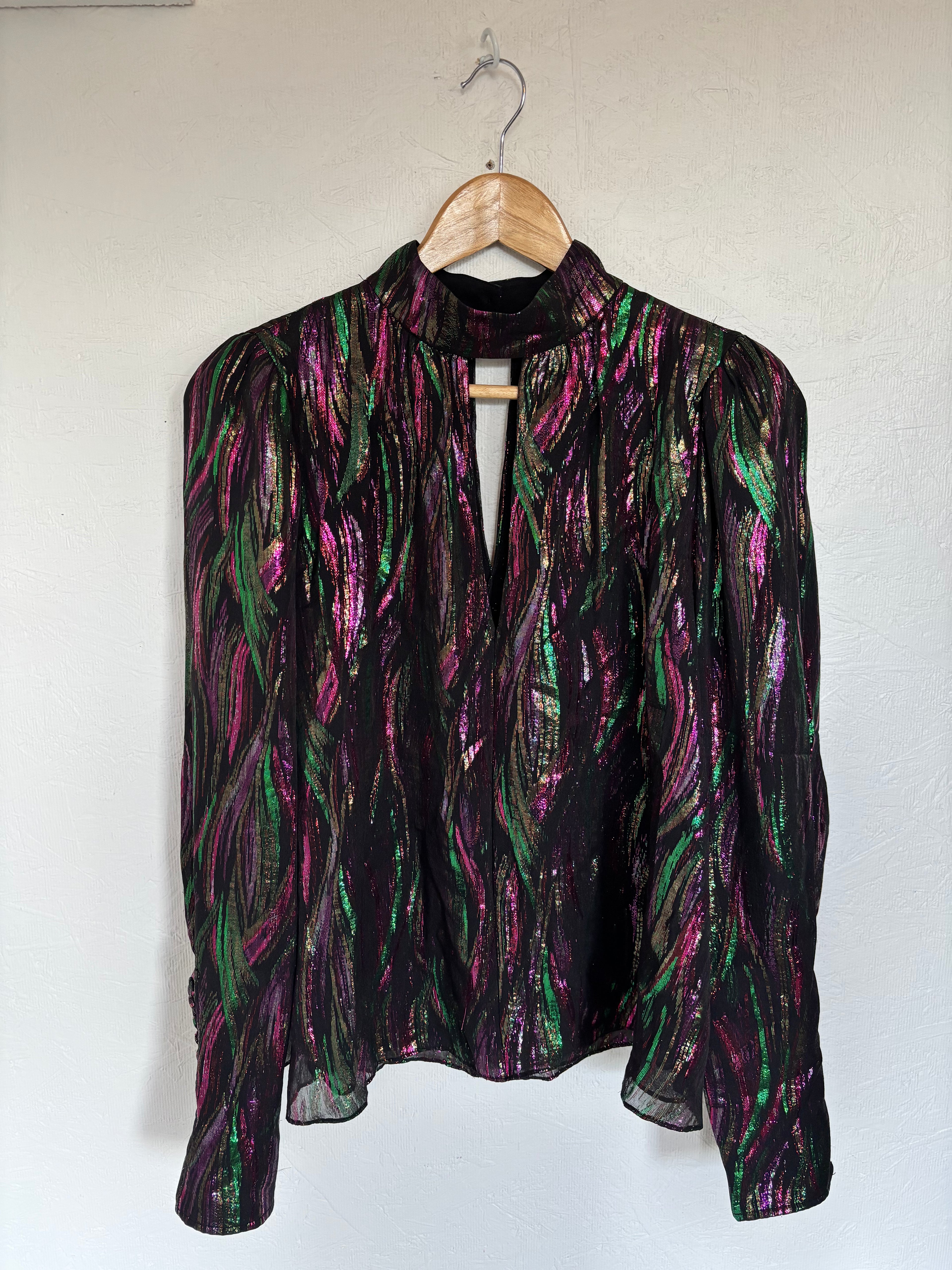 SALONI Silk Tania Black Green Pink Metallic Iridescent Long Sleeve Blouse Top