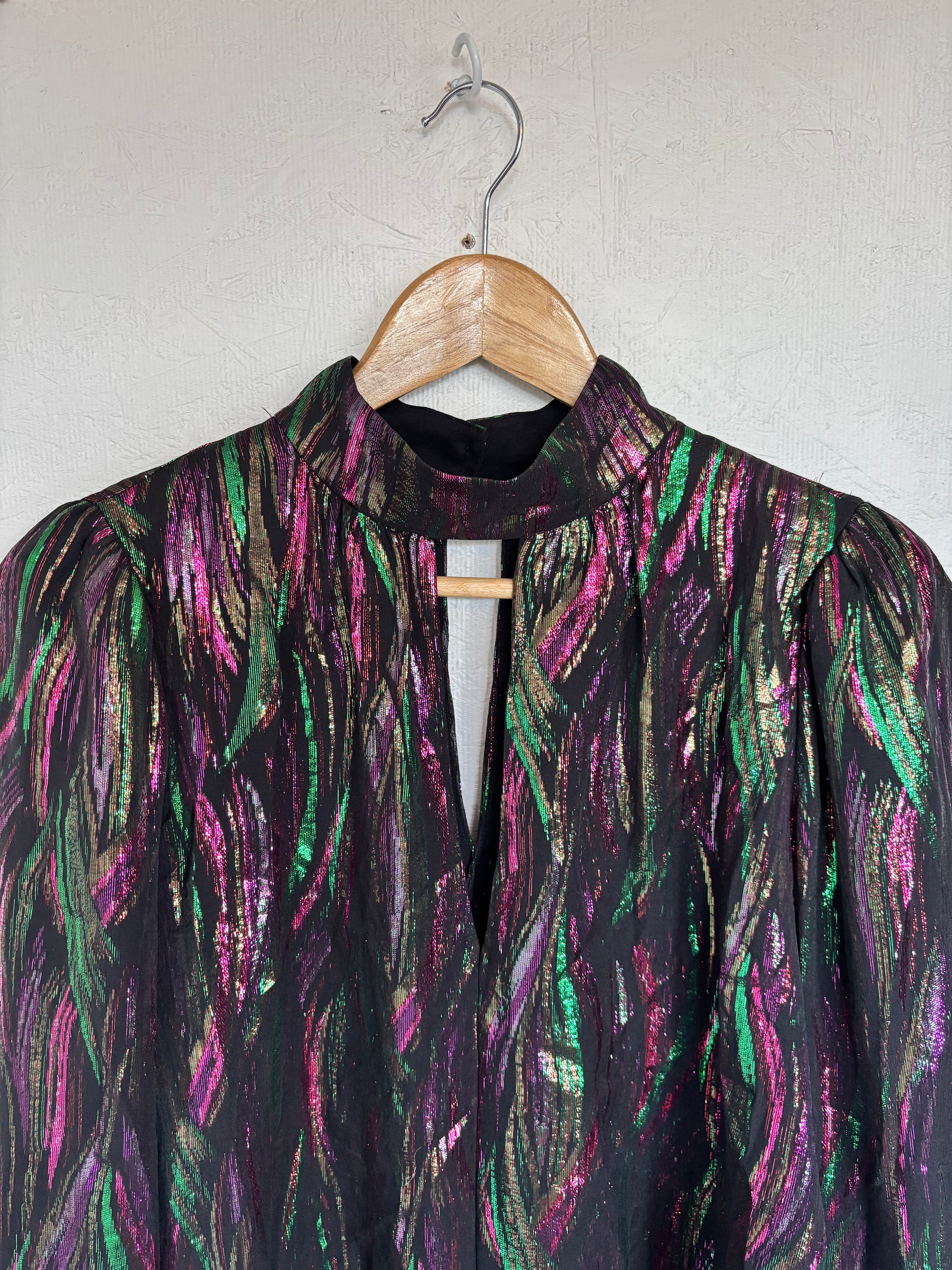 SALONI Silk Tania Black Green Pink Metallic Iridescent Long Sleeve Blouse Top