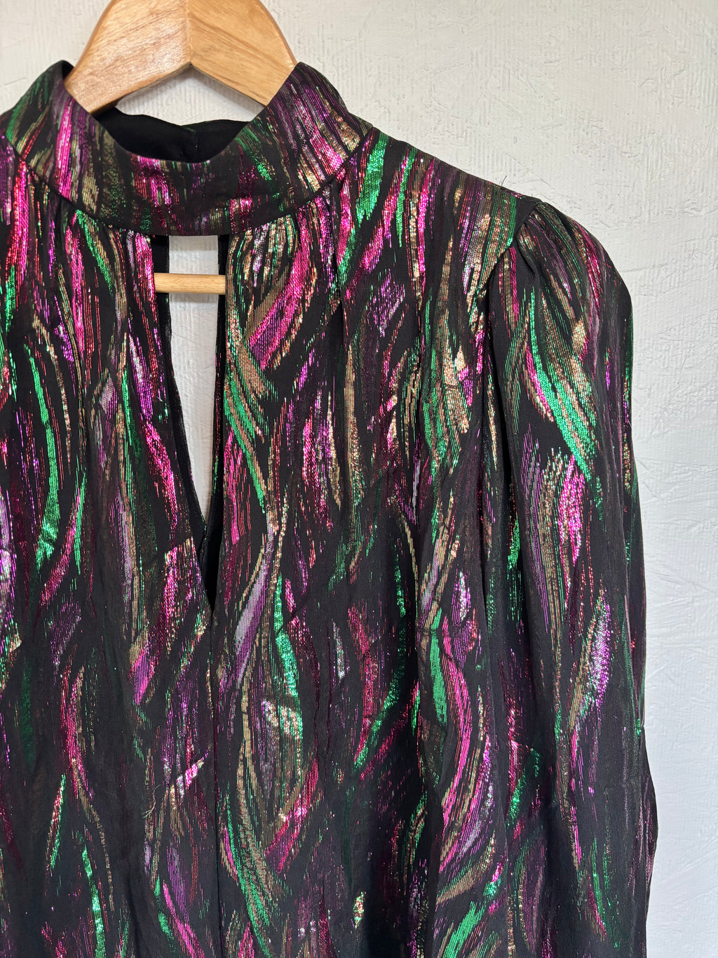 SALONI Silk Tania Black Green Pink Metallic Iridescent Long Sleeve Blouse Top