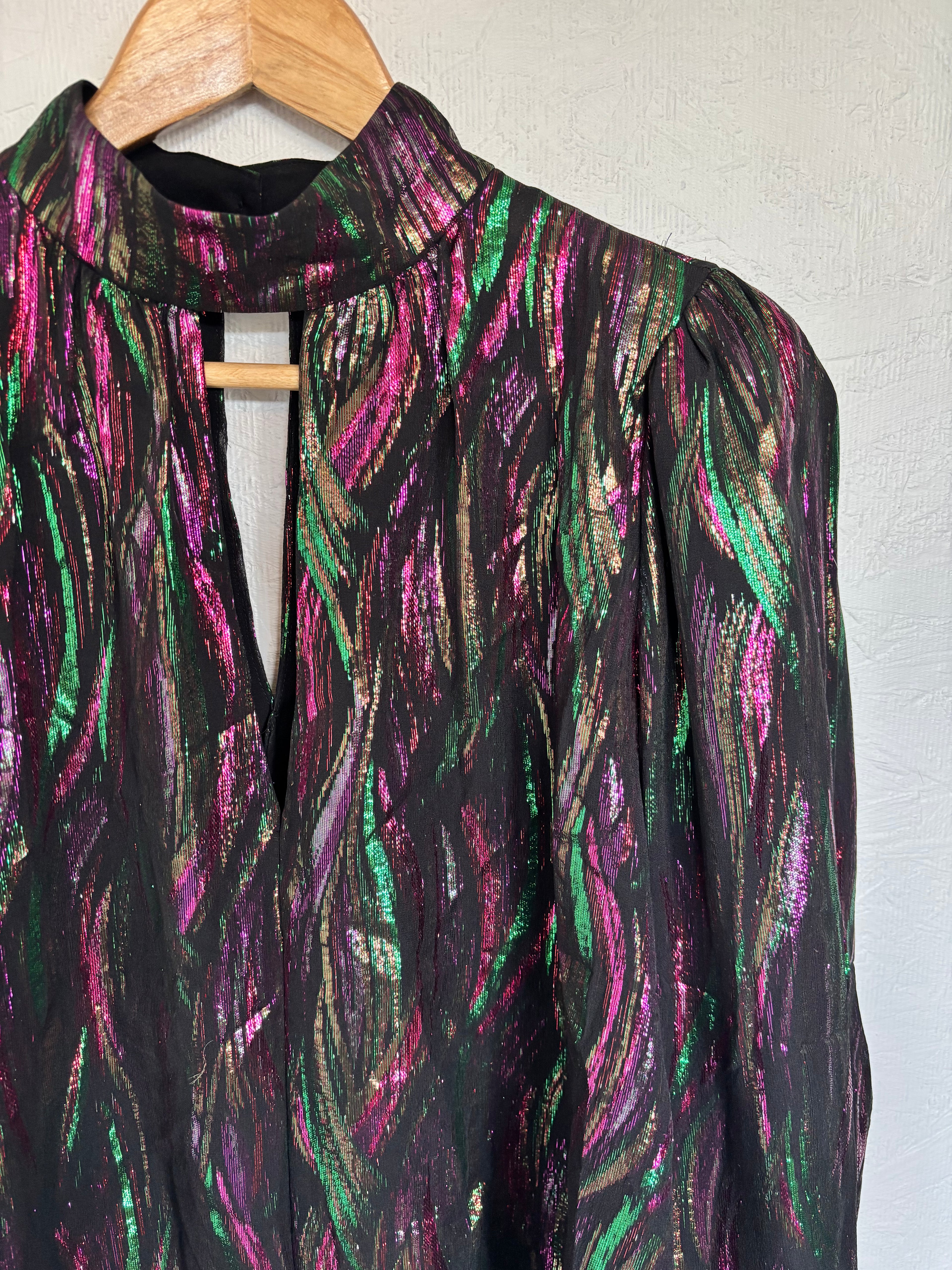 SALONI Silk Tania Black Green Pink Metallic Iridescent Long Sleeve Blouse Top