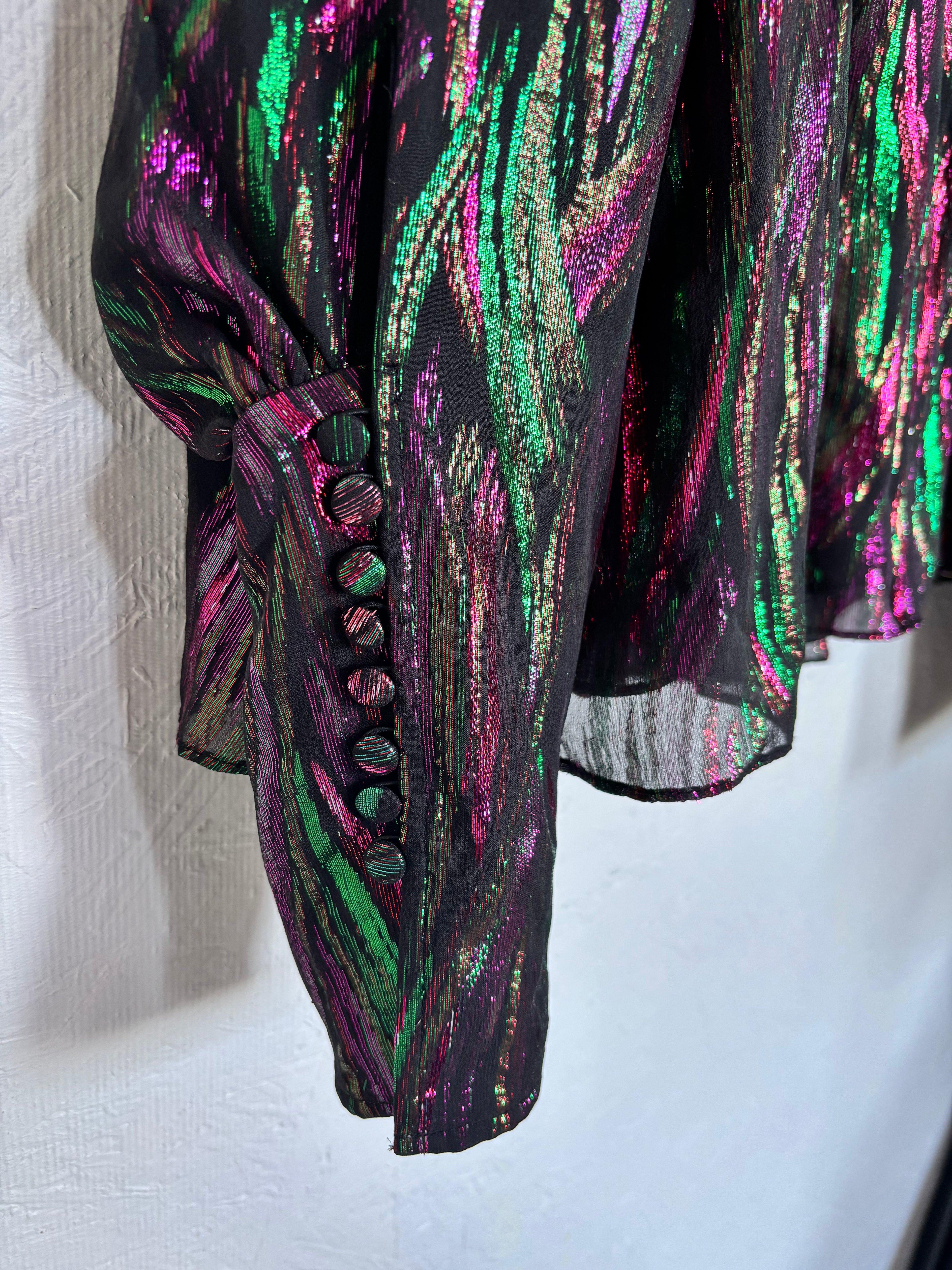 SALONI Silk Tania Black Green Pink Metallic Iridescent Long Sleeve Blouse Top