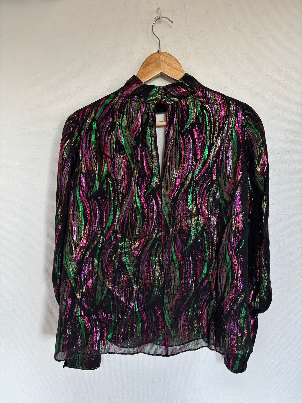 SALONI Silk Tania Black Green Pink Metallic Iridescent Long Sleeve Blouse Top
