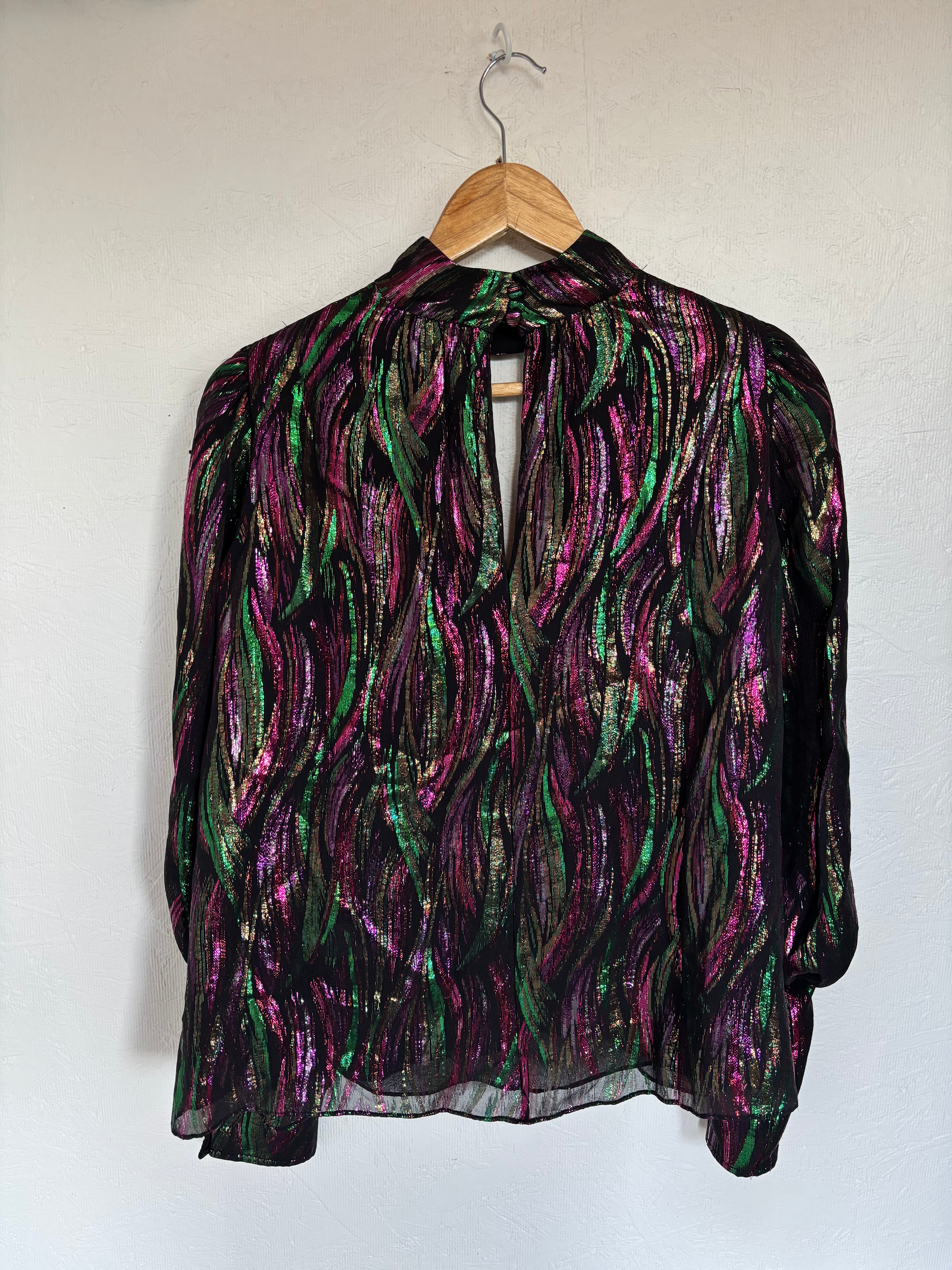 SALONI Silk Tania Black Green Pink Metallic Iridescent Long Sleeve Blouse Top