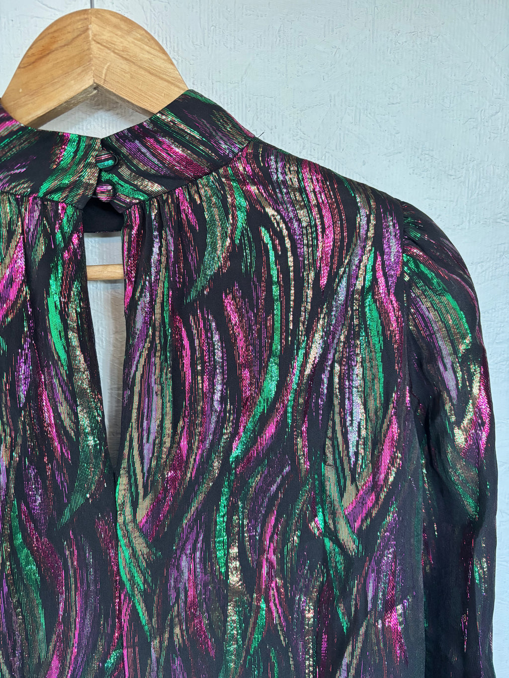 SALONI Silk Tania Black Green Pink Metallic Iridescent Long Sleeve Blouse Top