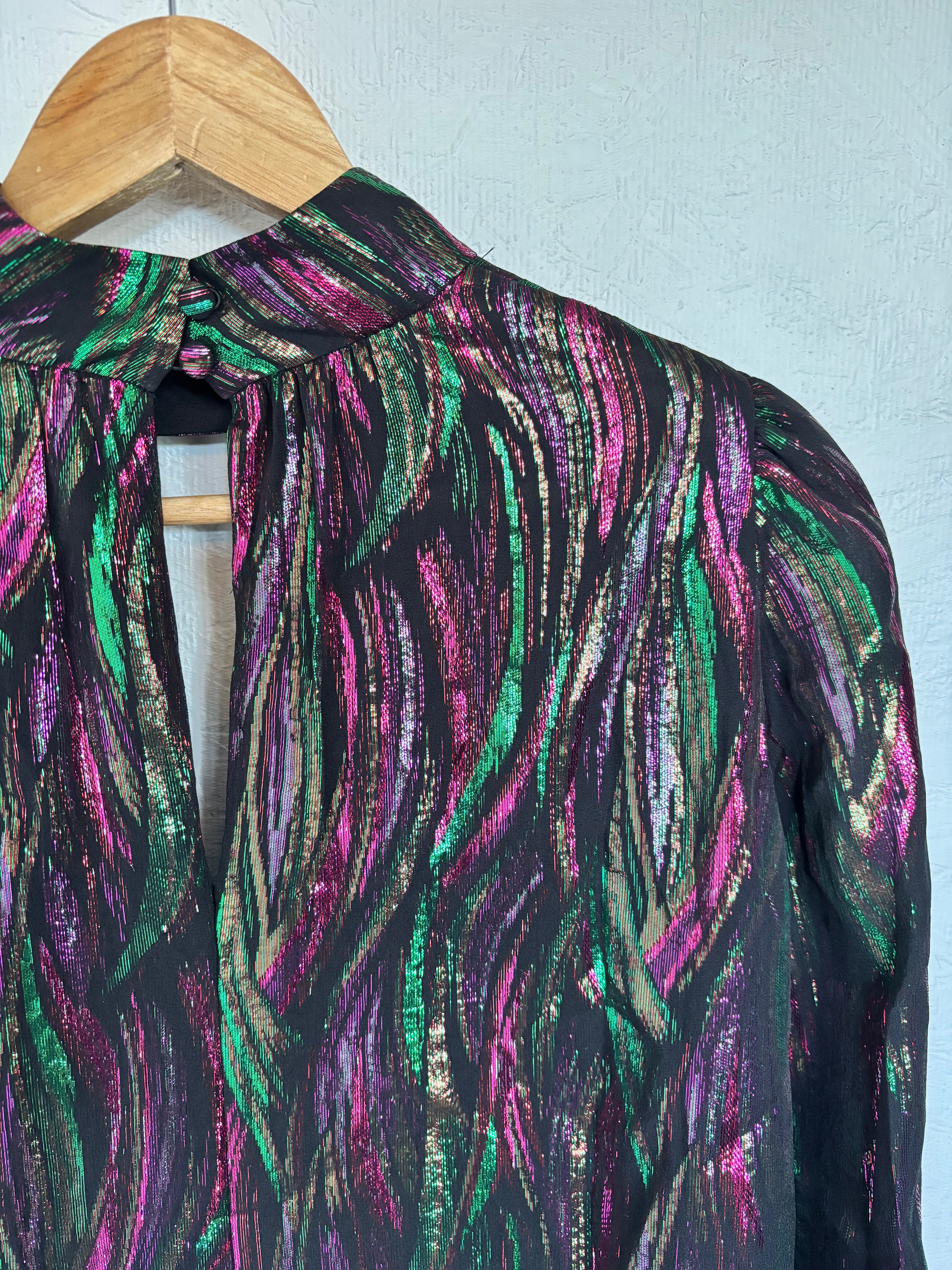 SALONI Silk Tania Black Green Pink Metallic Iridescent Long Sleeve Blouse Top